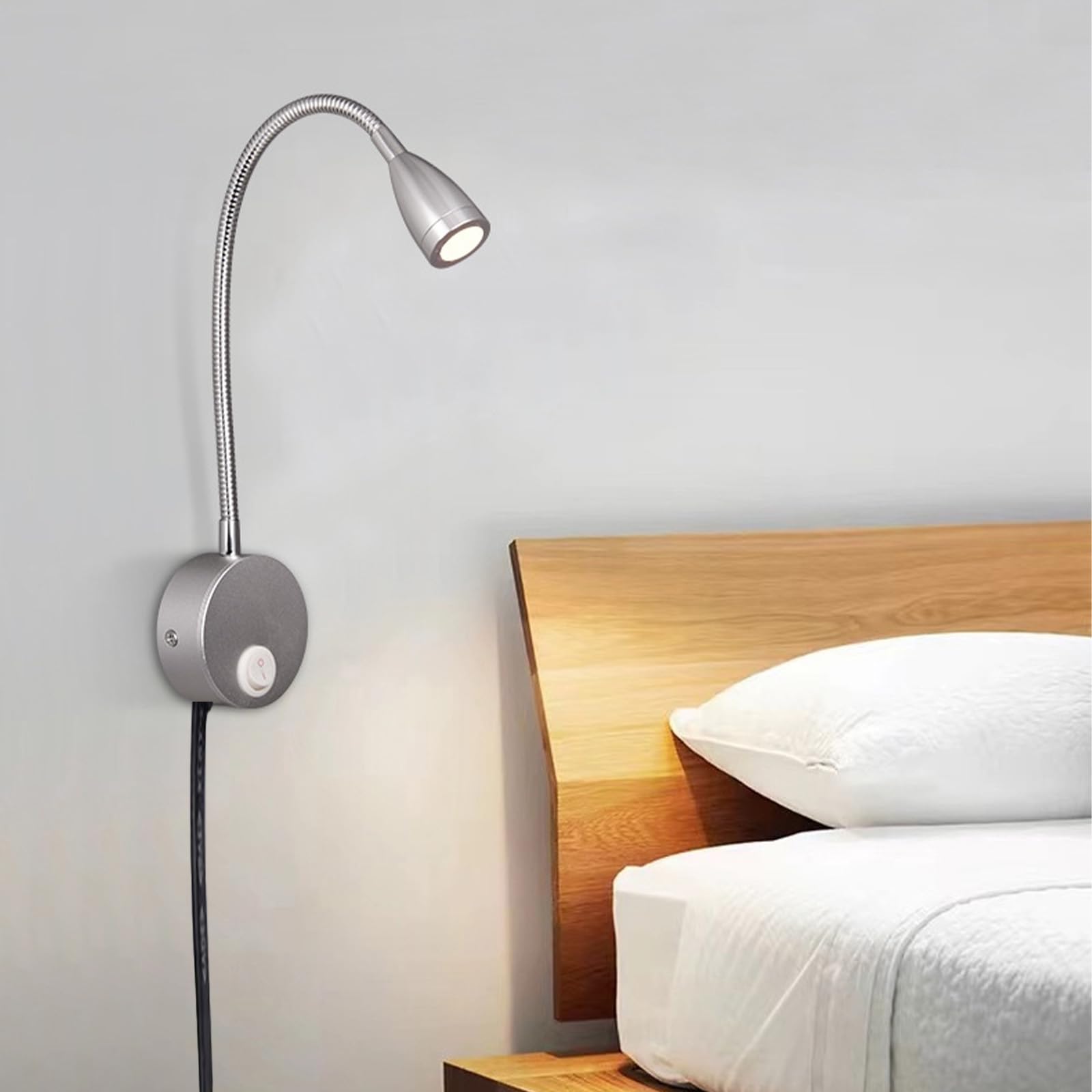 Apliques de pared LED con interruptor enchufe cable flexible lámpara lectura plata 8