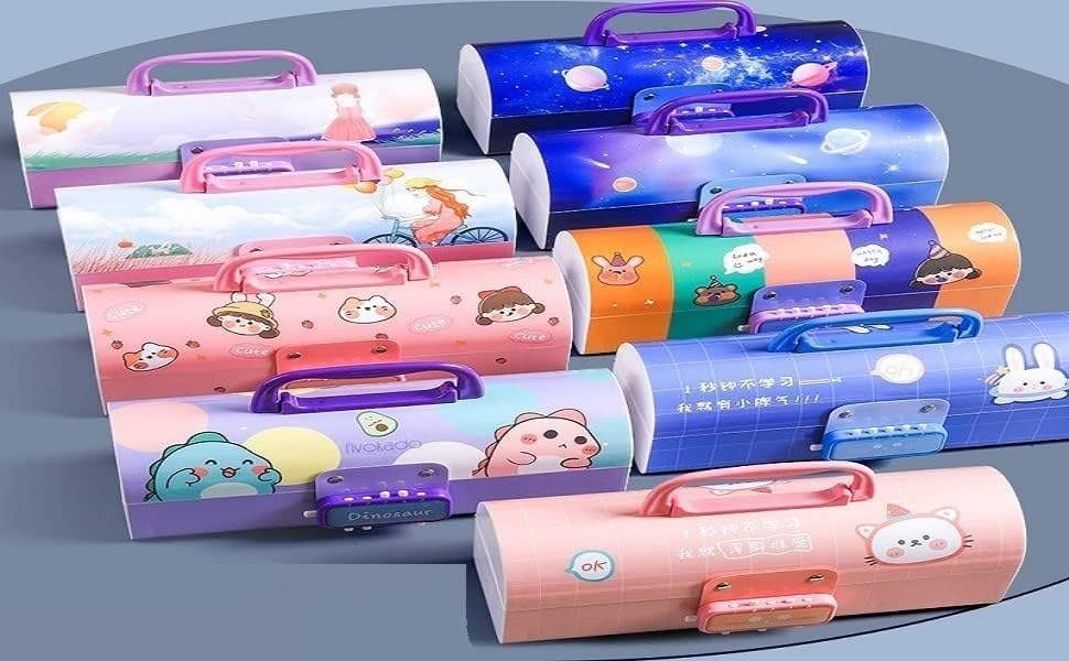 Image of WORSHIPER New Cartoon Theme Pencil Box with Push Pull Eraser Set for Kids | Suitcase Style Password Lock Stationery Organizer | School Supplies Gift Combo for Boys & Girls (Lucky Purpl LPPB - NEW)