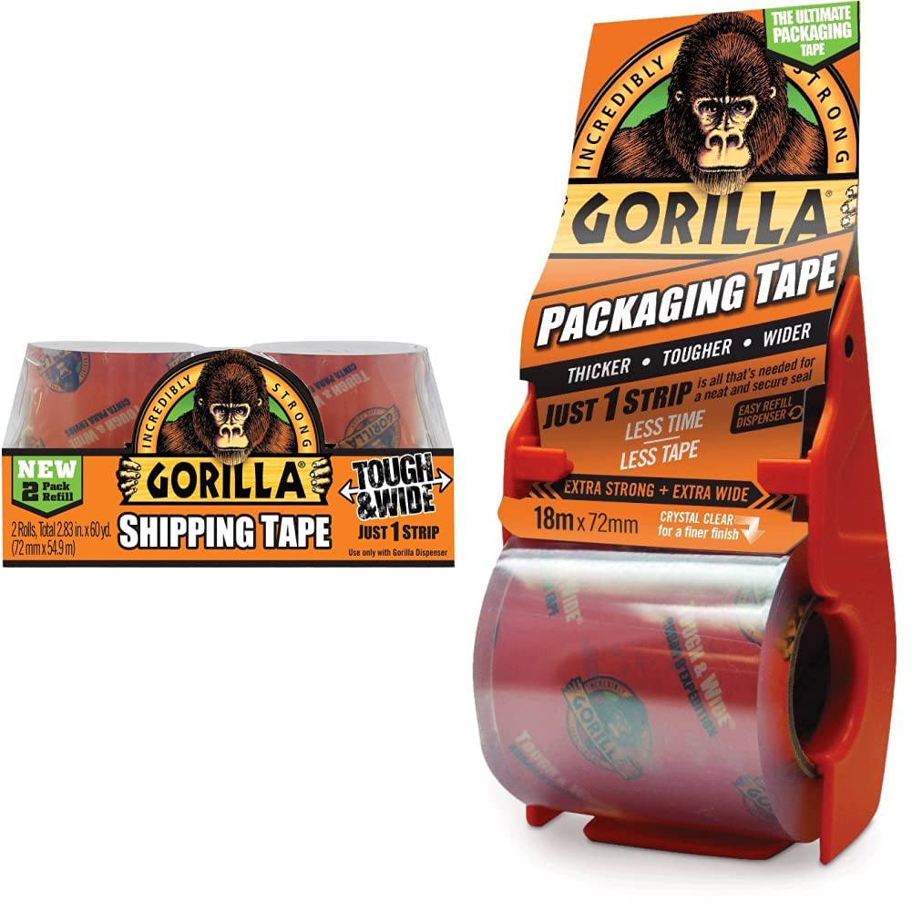GorillaTape Packaging Tape Refill 72mm x 27m (Pack of 2) & Packaging Tape Clear 18m And Dispenser