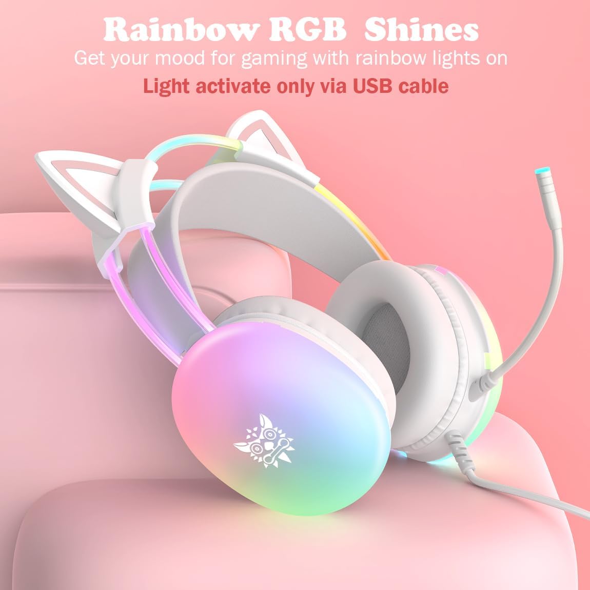 Cat Ear Gaming Headset with Mic, RGB Rainbow Lighting, Surround Sound, 3.5mm Wired Over-Ear Headphones for PC/PS4/PS5/Switch/Laptop, Lightweight & Adjustable Headband