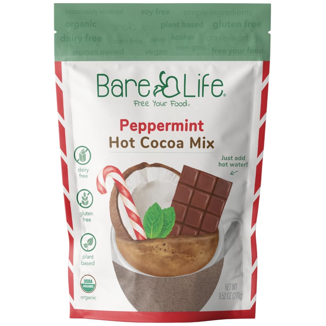 Bare Life: Instant Dairy Free Peppermint Hot Cocoa Mix - 10 Serving Pouch | Gluten Free, Vegan, Organic, Plant Based, Paleo, Soy Free, Corn Free, Lactose Free, Refined Sugar Free, Hot Chocolate, 9.52 oz.