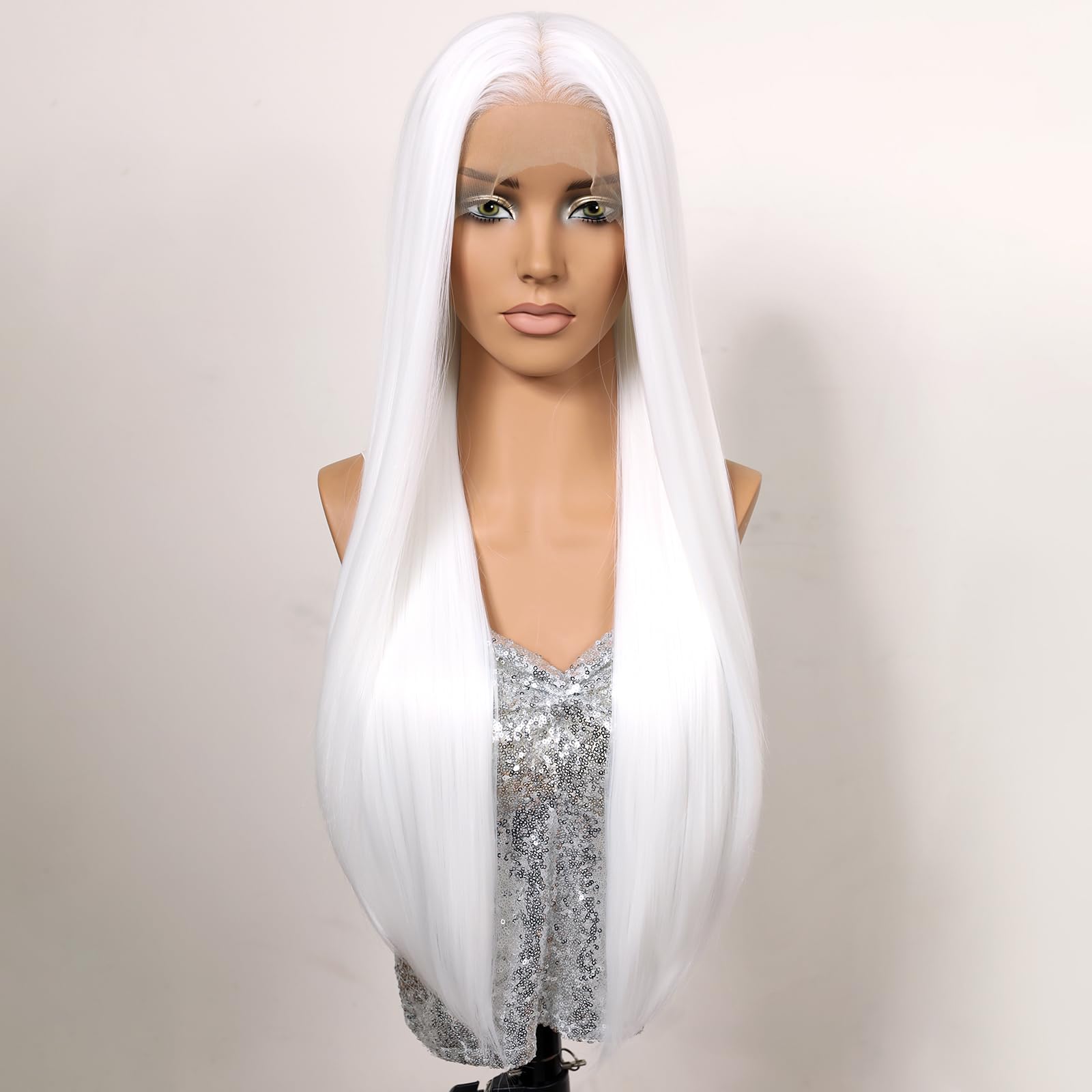 Perruque synthétique blanche avec dentelle frontale - Longue et raide - Blanc neige - Cheveux naturels pré-épilés - Pour femme - Pour le quotidien, les fêtes, le cosplay