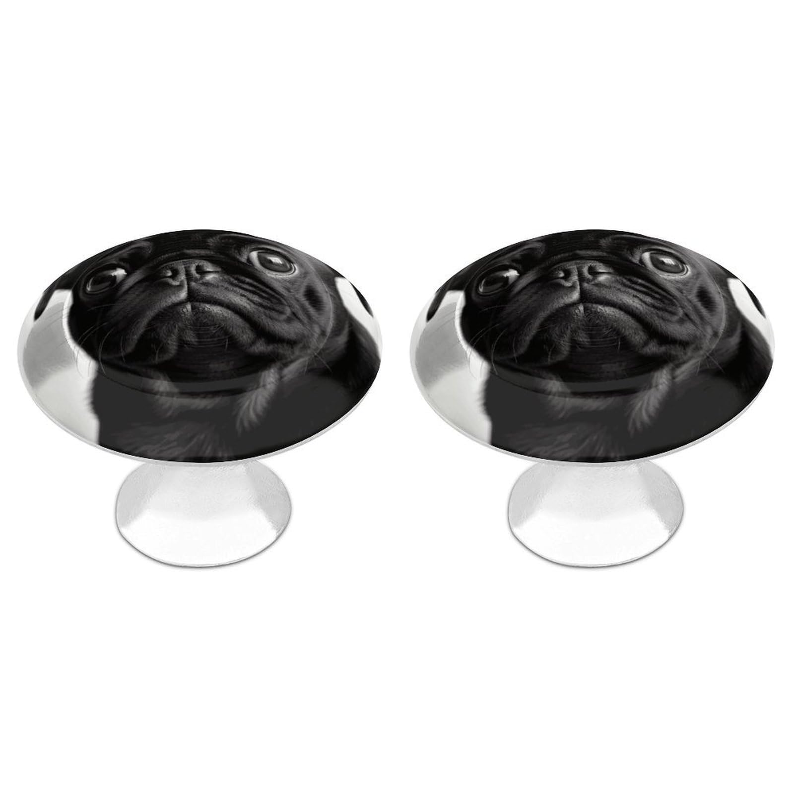DWVTSLH Cute Black Pug Dog Cabinet Handles 2 Pack Stainless Steel Kitchen Drawer Pulls with Installation Screws Round Dresser Drawer Knobs 1.1 Inch Modern Cabinet Hardware Door Handles