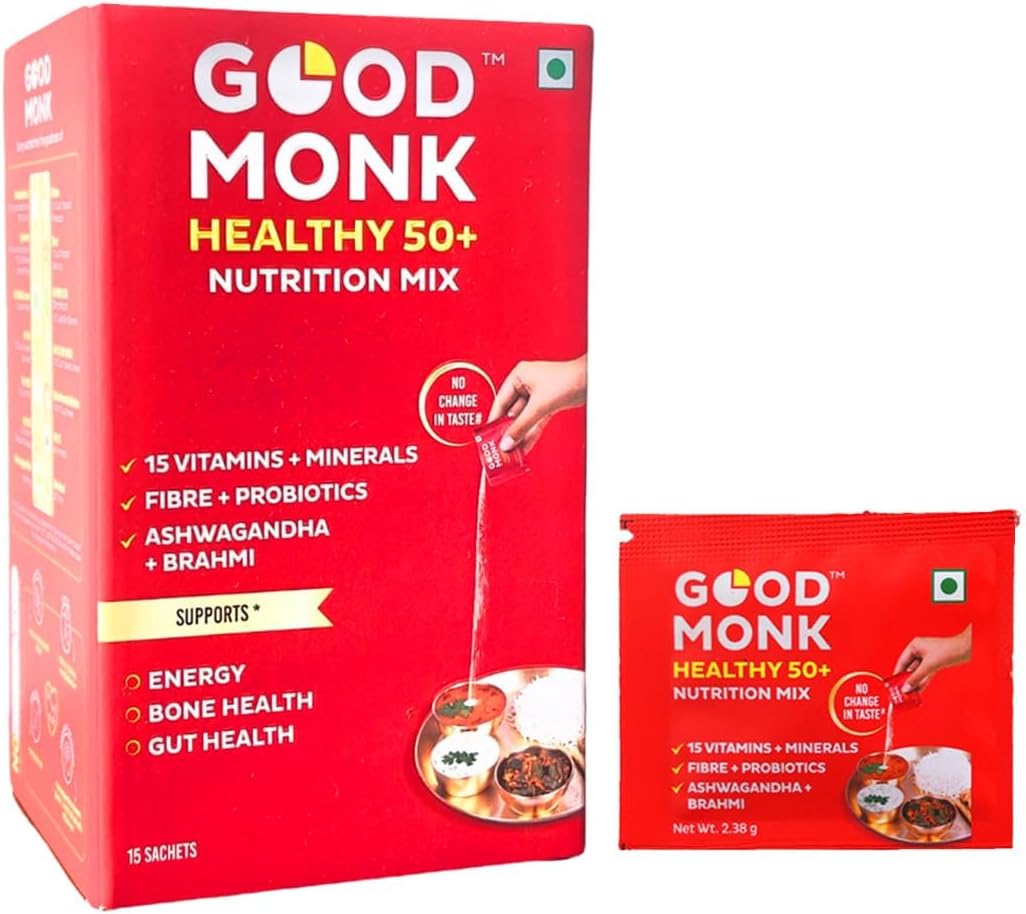 Good Monk Healthy 50+ Multivitamin for Senior Men & Women | For Energy, Bone & Gut Health | With Probiotics, Fibre, Ashwagandha, Vit. B12, C, D, Iron, Zinc | Add To Food - No Taste Change | 15 Sachets