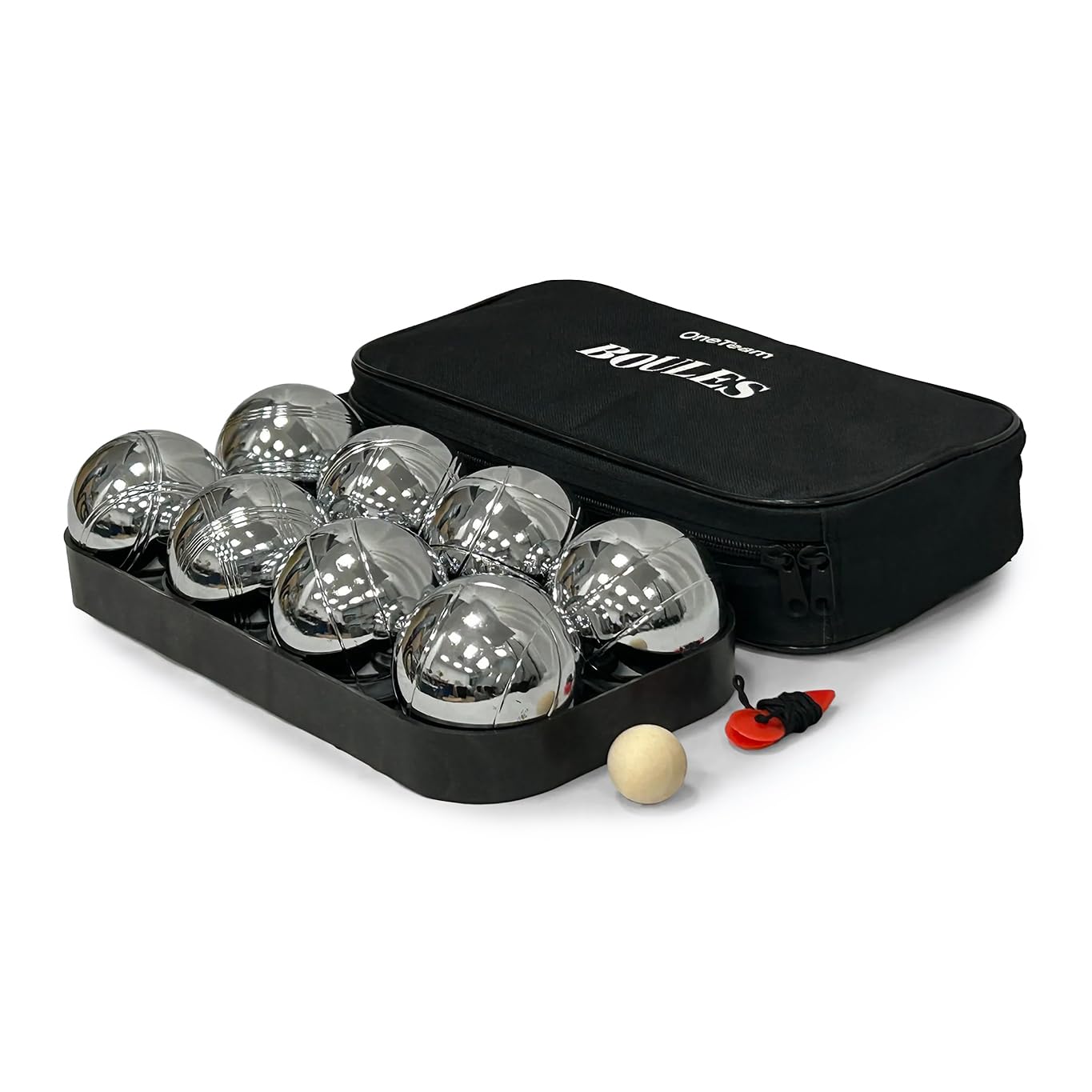 OneTeam Boule Set 8 Kugeln – Petanque Spiel für Erwachsene & Kinder – Verchromter Stahl – Silber – Robustes Outdoor Gartenspiel & Freizeitspaß