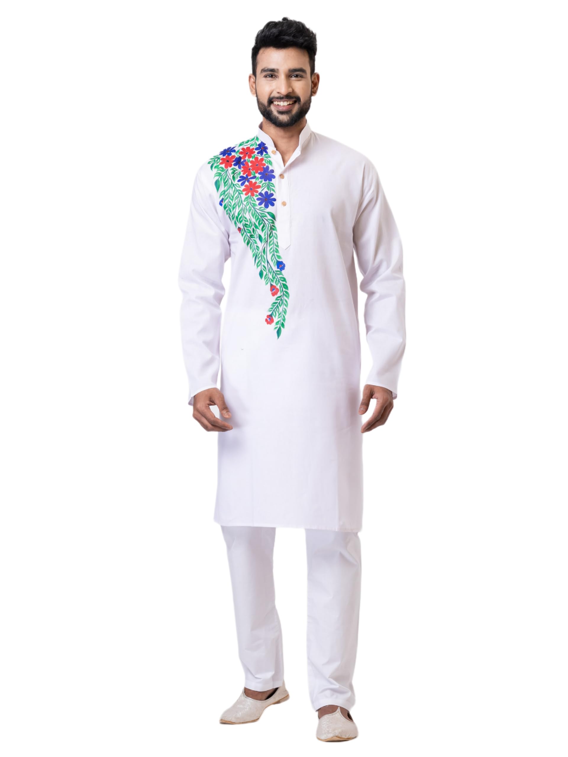 Santiniketan Kanthastitch Men’s White Embroidered Cotton Kurta – Handmade Multicolor Floral Work for Men-picture-10