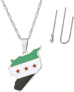 Syria Map Necklace Pendant Stainless Steel Chain with Flag Colors (Green, White, Black & Red Stars) - Patriotic& Peace Jewelry Gift for Men & Women,18/24 inches chains