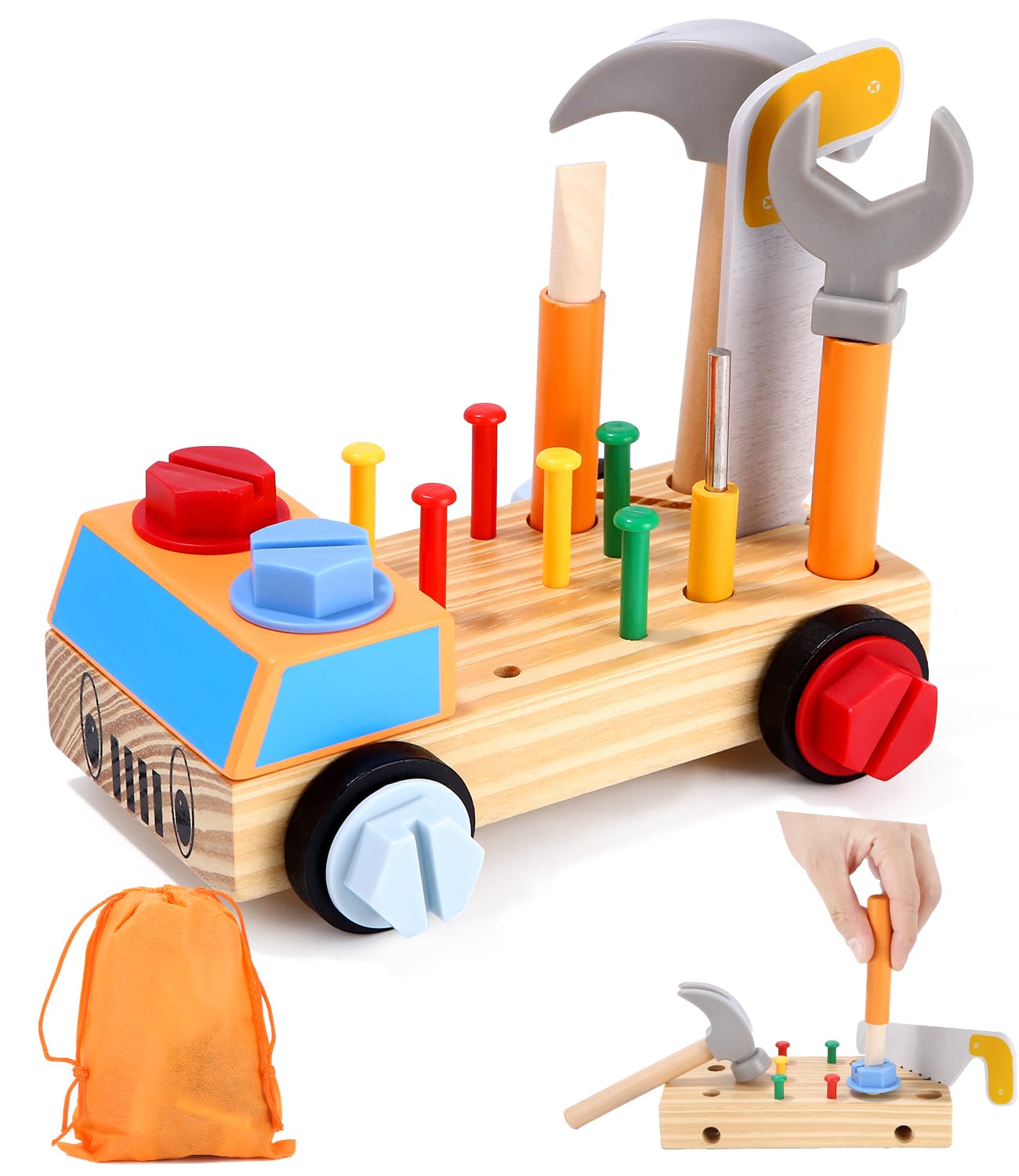 Kureny Herramientas Juguete de Madera, Juguetes Montessori Educativos,Herramienta Juguete Coche de Madera con Bolsa,Juegos Educativos Sensoriales, Regalos Niños Niñas 3 4 5 Años