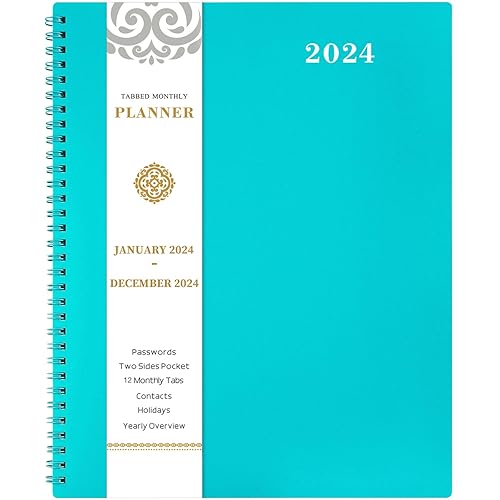 Monthly Planner/Calendar 2023-2024 - 2023-2024 Monthly Planner, Sep. 2023 - Dec. 2024, 8.5" x 11", 18-Month Planner 2023-2024 with Tabs, Pocket, Label, Contacts and Passwords, Twin-Wire Binding - Teal by Artfan