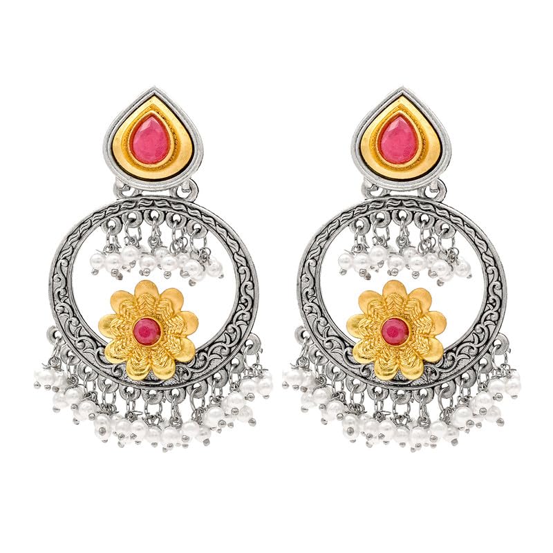 Shining Jewel Traditional Indian Matte Gold Antique Oxidised Silver CZ, Crystal Studded Chandbali Earring For Women - Turquoise (SJE_211_AQ)