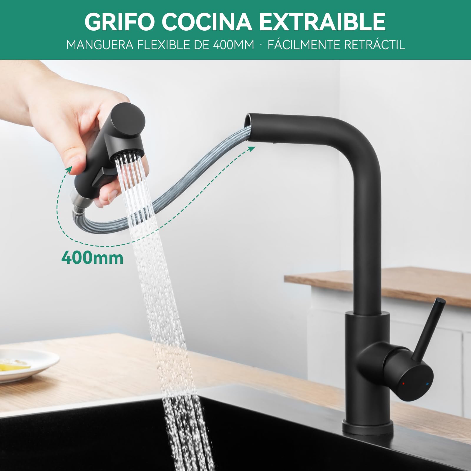 Fregadero ANYCEE Negro 86 por 45 Escurridor Set Mueble 50 cm Grifo Extensible Ducha