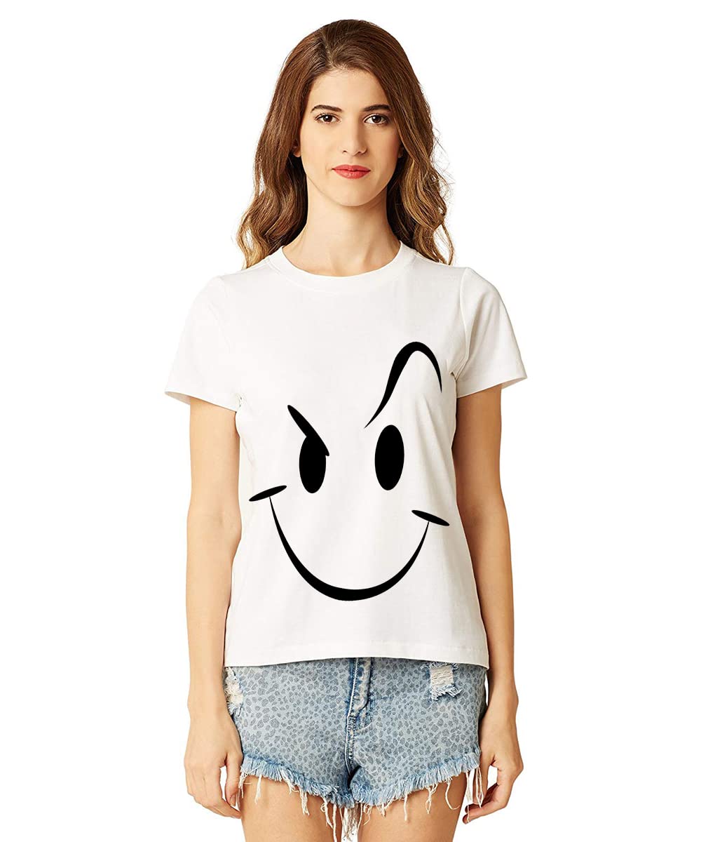 CaseriaWomen's Cotton Biowash Graphic Printed Half Sleeve T-Shirt - Smiley Stroke