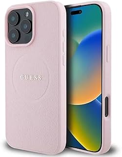 CG Mobile Guess Magsafe - Carcasa rígida de Poliuretano granulado con Anillo Dorado para iPhone 16 Pro, Color Rosa