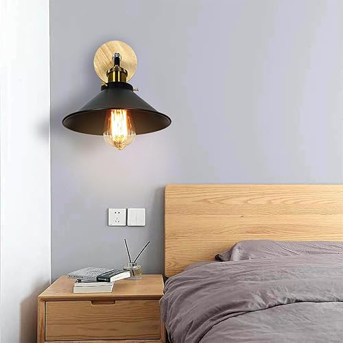 Miniatura 2 de Juego de 2 apliques de pared Vintage Negros, con Base de Madera de 1 luz, interruptor de cadena y diseño cónico. Ideal para mesilla de Noche, sala