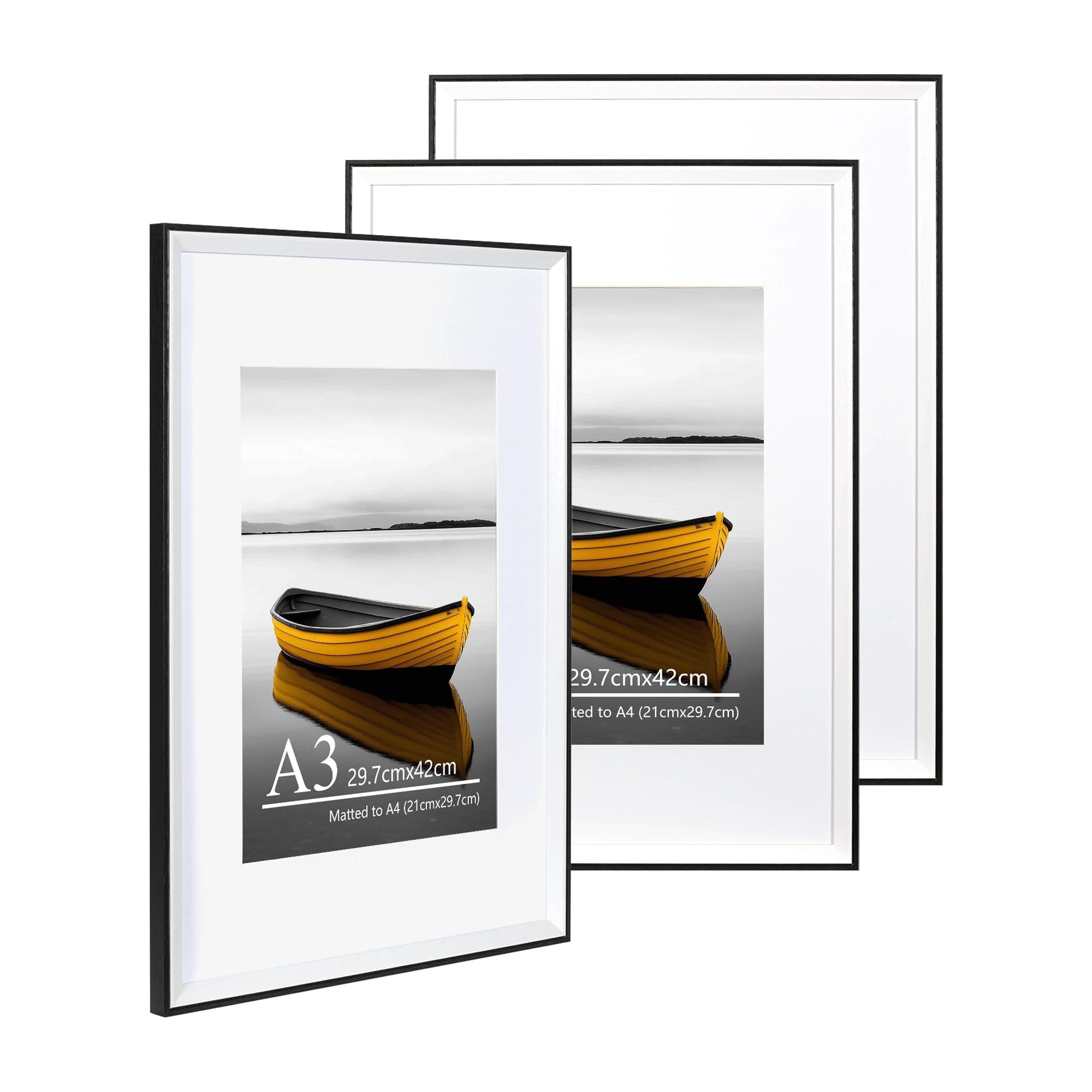 Baoee Black A3 White Two Tone Picture Frame With A4 Mount,Set Of 3,Photo Frame With Acrylic Glass, A3 Frame,Poster Frame, Certificate Frame,Wall Mountable