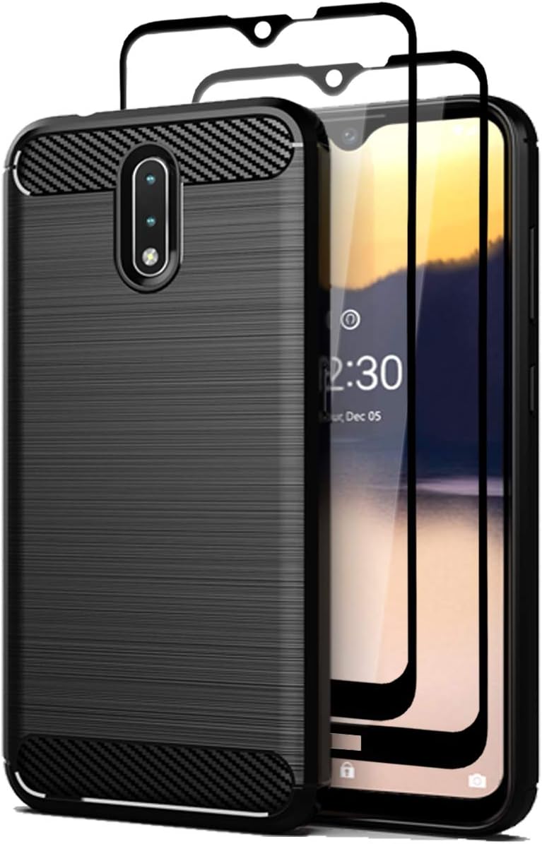 Teayoha Case for Nokia 2.3, with Tempered Glass Screen Protector [2 Pack], Carbon Fiber Scratch Resistant, Shock Absorption Soft TPU Drawing Protective Cases Cover - Black