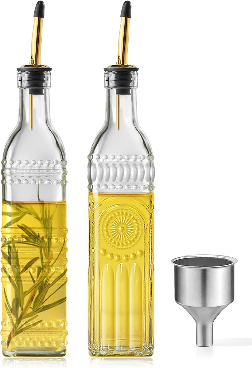 2 botellas dispensadoras de aceite de oliva para cocina, juego de dispensador de aceite de cocina y vinagre de vidrio transparente de 17 oz, dispensador de jarabe de café con 2 vertedores y 1 embudo (dos cuadrados)