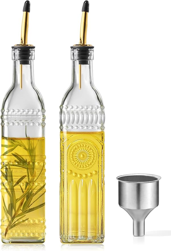 2 Pcs Olive Oil Dispenser Bottle for Kitchen,17oz Clear Glass Cooking Oil and Vinegar Dispenser Set, Coffee Syrup Dispenser with 2 Pourers and 1 Funnel (Two circles)