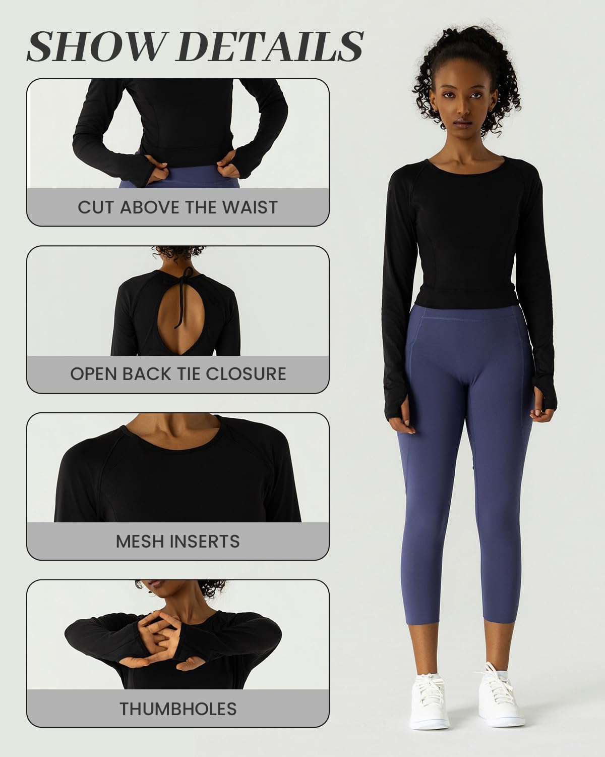 Women's Long-Sleeve Crop Top - Open Back Tie, Thumbholes Moisture-Wicking Quick-Dry for Yoga, Fitness & Workout - Image 2