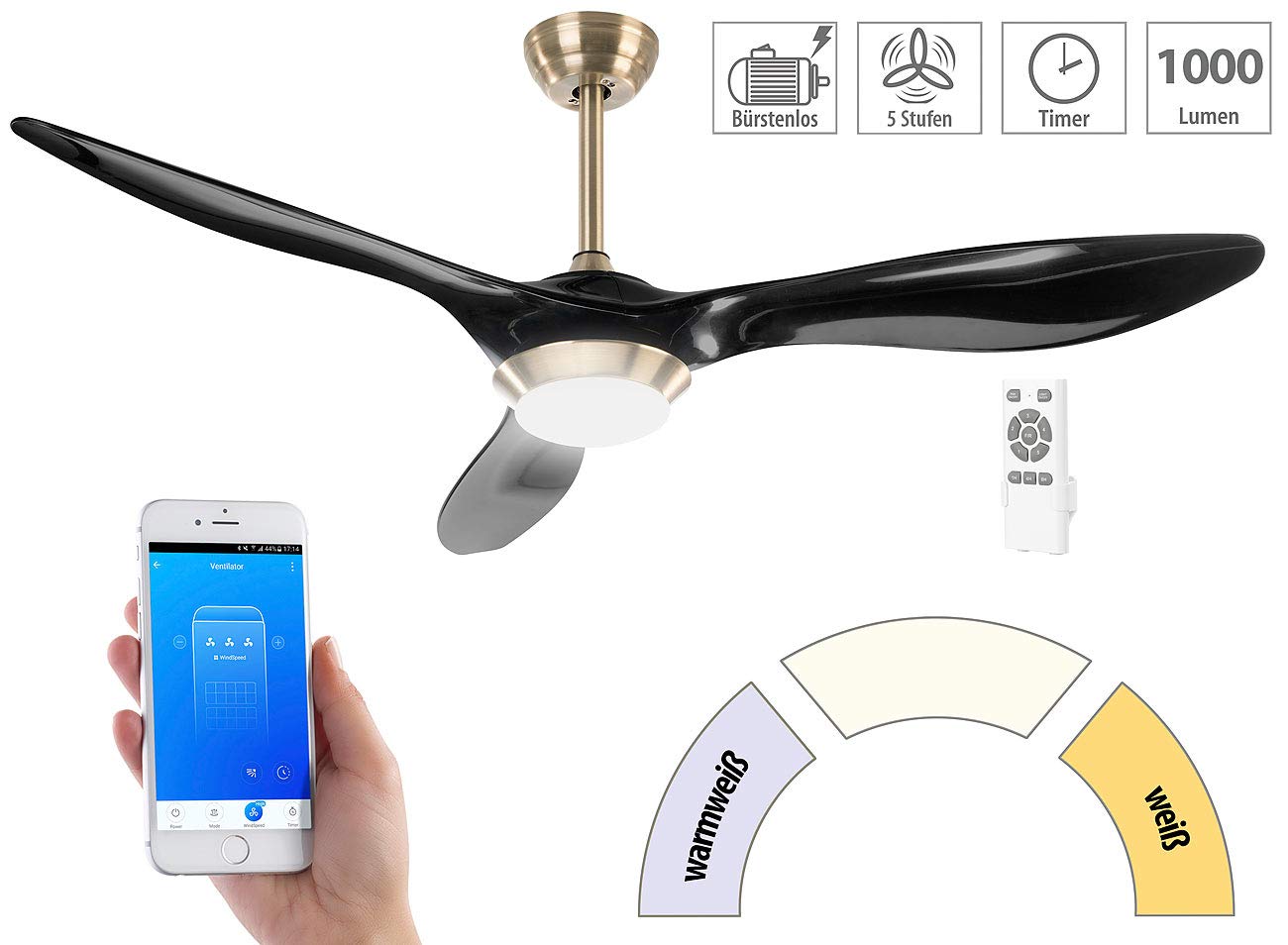 Sichler Haushaltsgeräte Deckenventilator Alexa: 2in1-WLAN-Deckenventilator & LED-Lampe, Sprachsteuerung, Timer,1000 lm (Alexa kompatibel, Smart Home, Kühl)