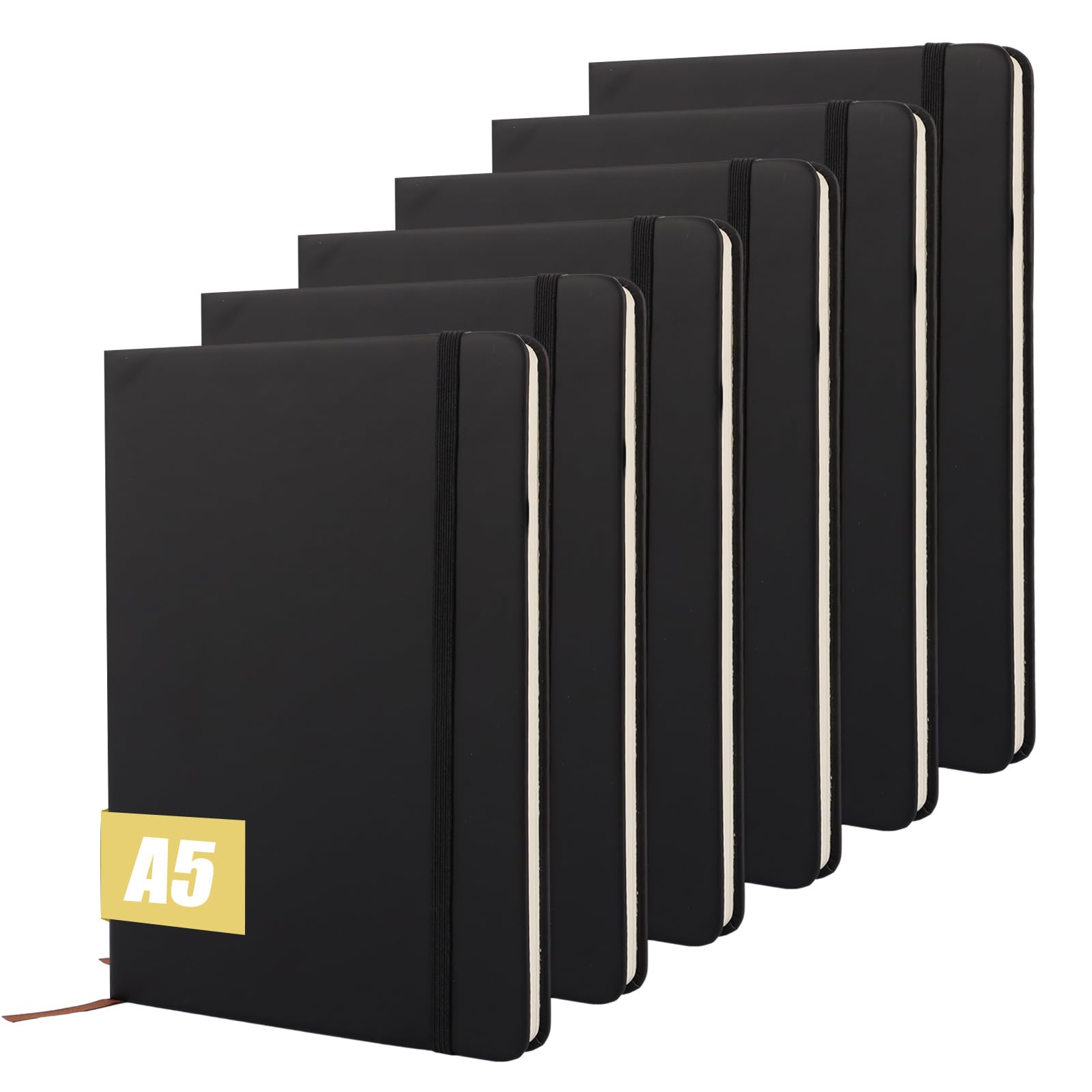 LOPYXBR 6PCS Black A5 Notebook PU Leather Note Book A5 Lined 200 Pages Writing Books Notepads A 5 with Elastic Strap Hardback Work Notebook for Office Business Writing