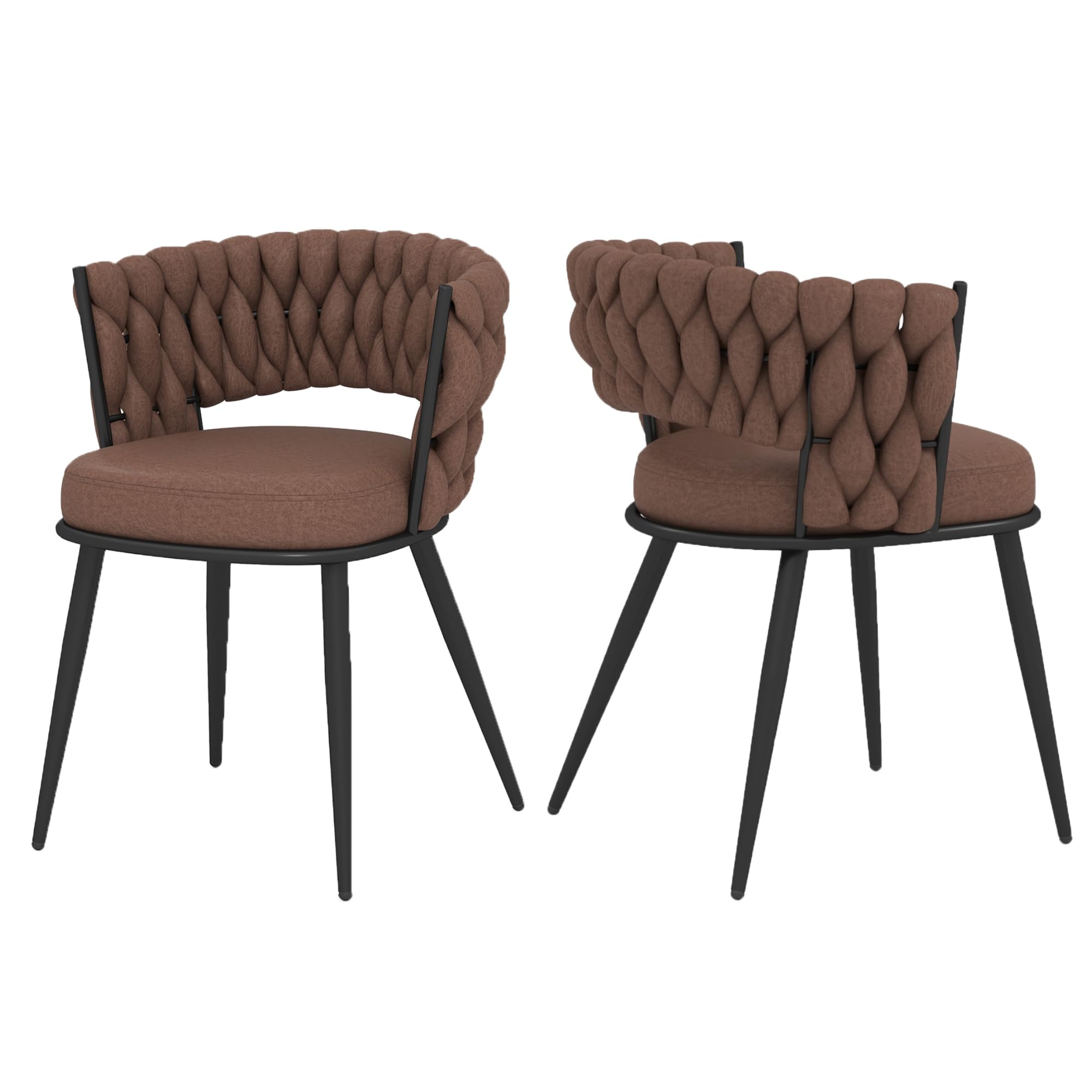 Homedraft Woven Dining Chairs Set of 2, Modern Hand Weaving Dining Chair with Black Metal Legs, Upholstered Club Chairs with Black Frame for Dining