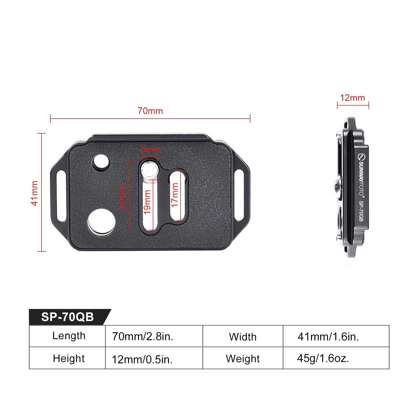 SUNWAYFOTO Piastra QR per fotocamera a sgancio rapido Arca Swiss con attacco QD SP-70QB