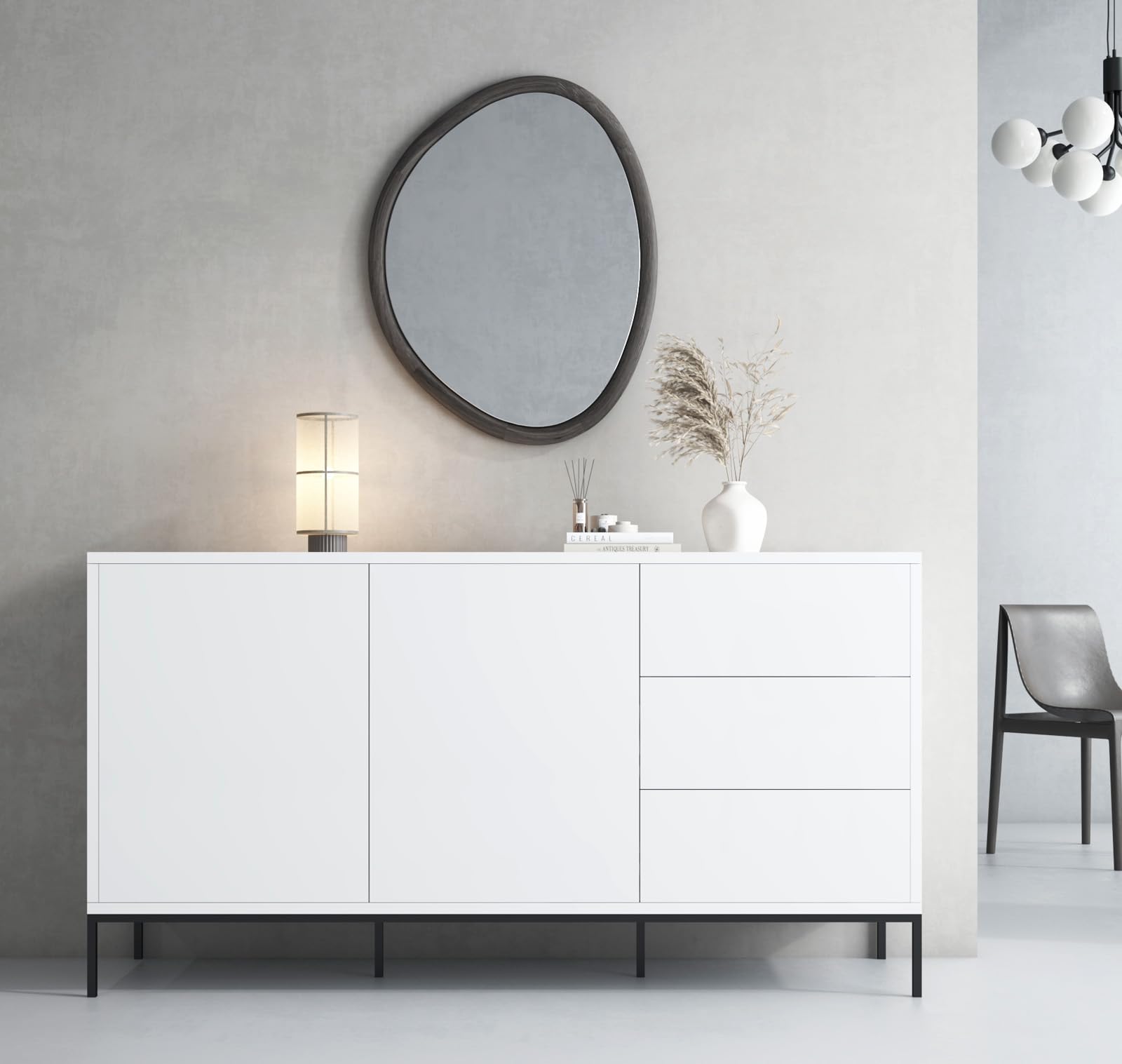 MB Muebles Bonitos | Aparador Serena para Salón Moderno | con Cajones y Patas Altas para Robot Aspirador | Color Blanco | 150x80x41 cm