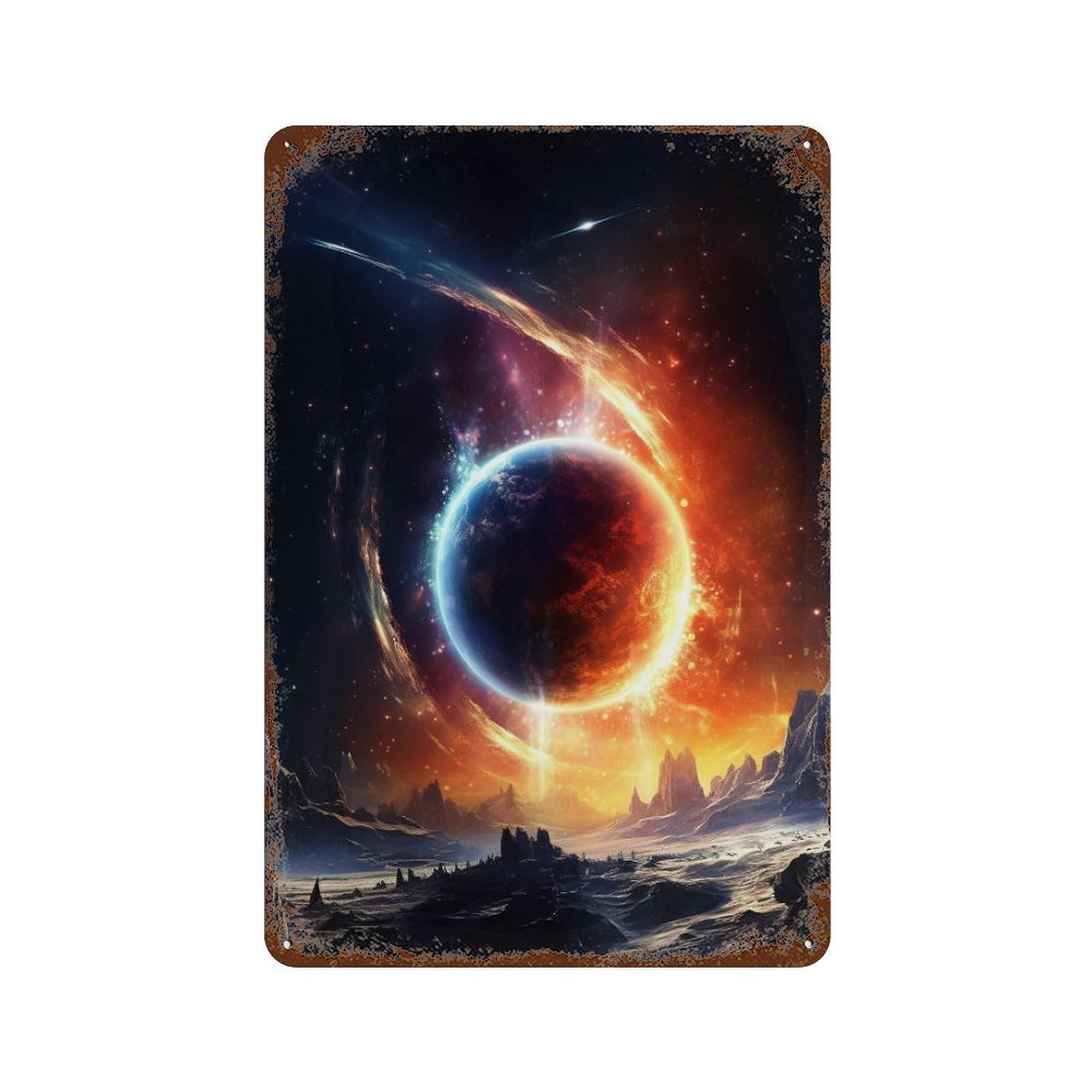 Rust Effect Galactic Eclipse Celestial Dance Vintage Metal Tin Sign 11.8"x7.9", Farmhouse Wall Decor for Garage, Bar And Workshop Decor