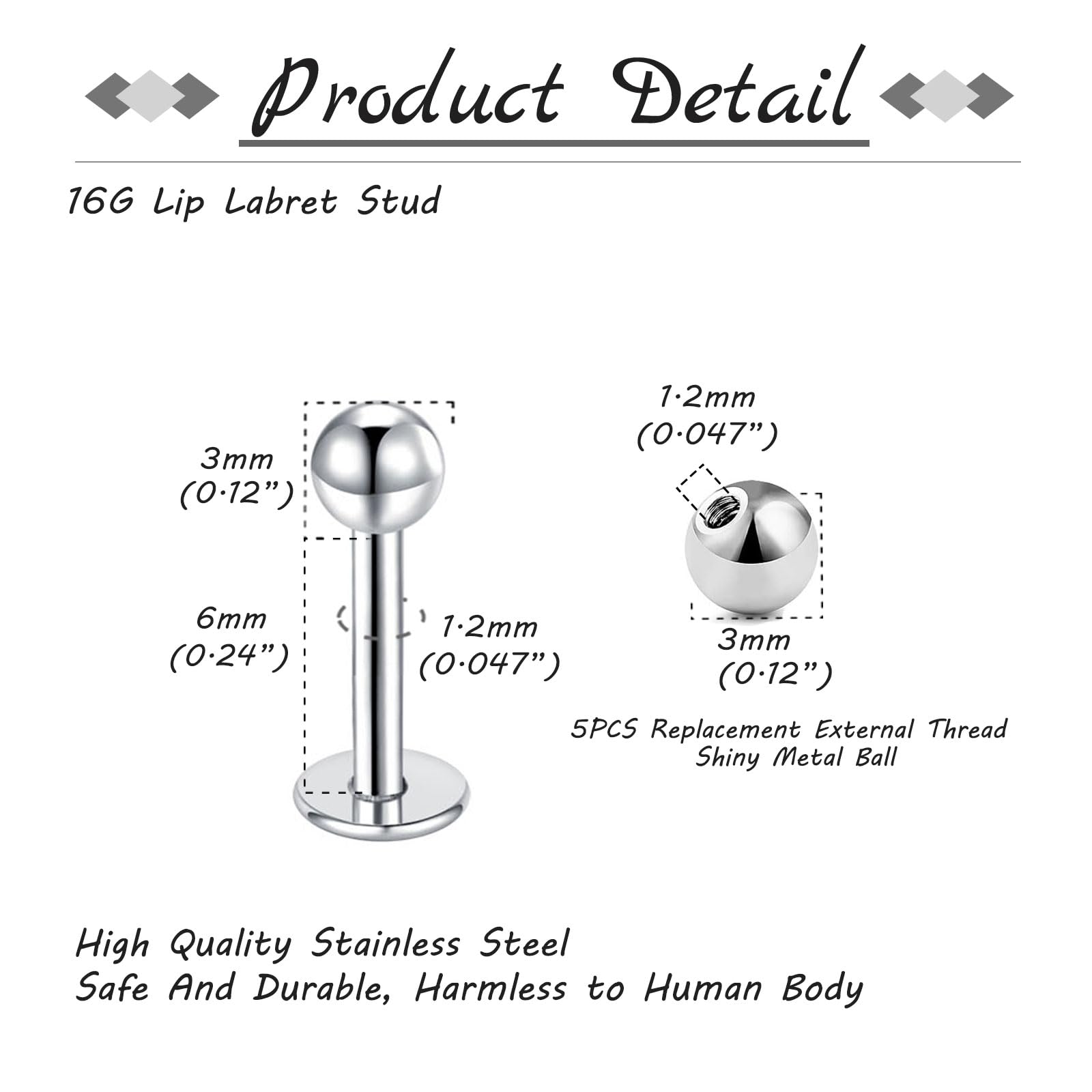 16G Piercing Labio 6-12mm Piercing Labret Studs Acero Inoxidable Plata Oro Negro Piercing Hélice Medusa Ashely
