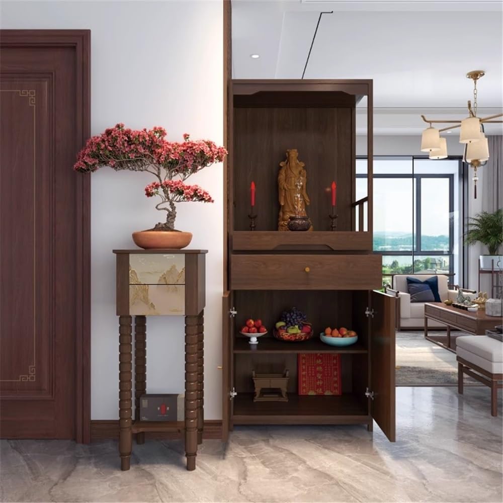 Mesa de altar para meditación Riqueza de estilo chino moderno que ofrece mesa madera para la oración | Gabinete de santuario de Buda de doble puerta(Bruin)