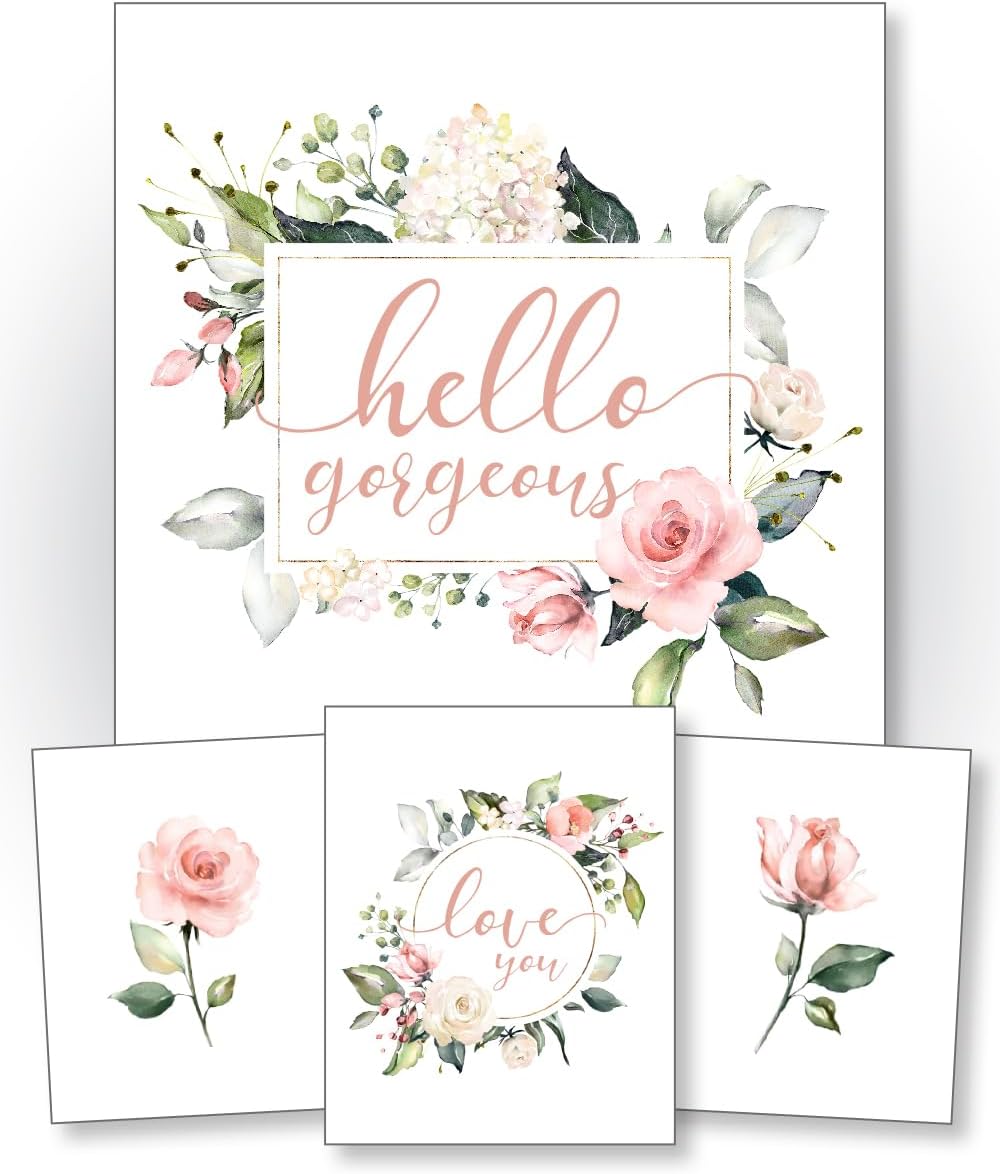 Confetti Fox Pink Nursery Wall Art Decor, Baby Girl Flowers Floral Inspirational Quotes Hello Gorgeous Love, Roses Botanical Watercolor Affirmations (8x10 Unframed Set of 4 Prints)