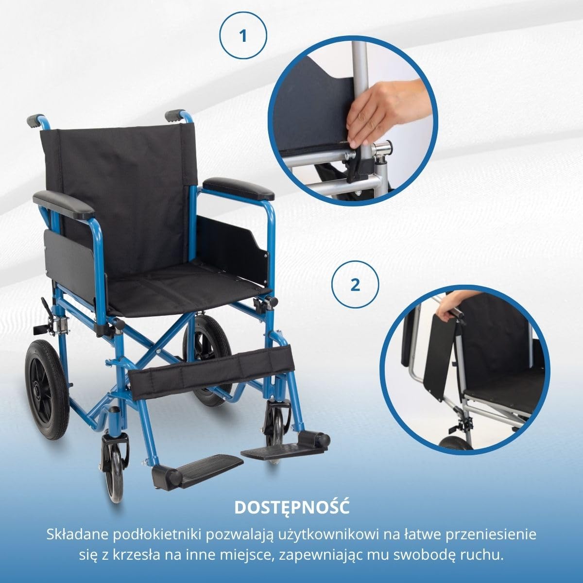 Mobiclinic®, Składany wózek inwalidzki, Marsella, Kółka z możliwością szybkiego zwolnienia po naciśęciu przycisku, Stabilny, Siedzisko 46 cm, Dźwignia hamulca, Niebieski