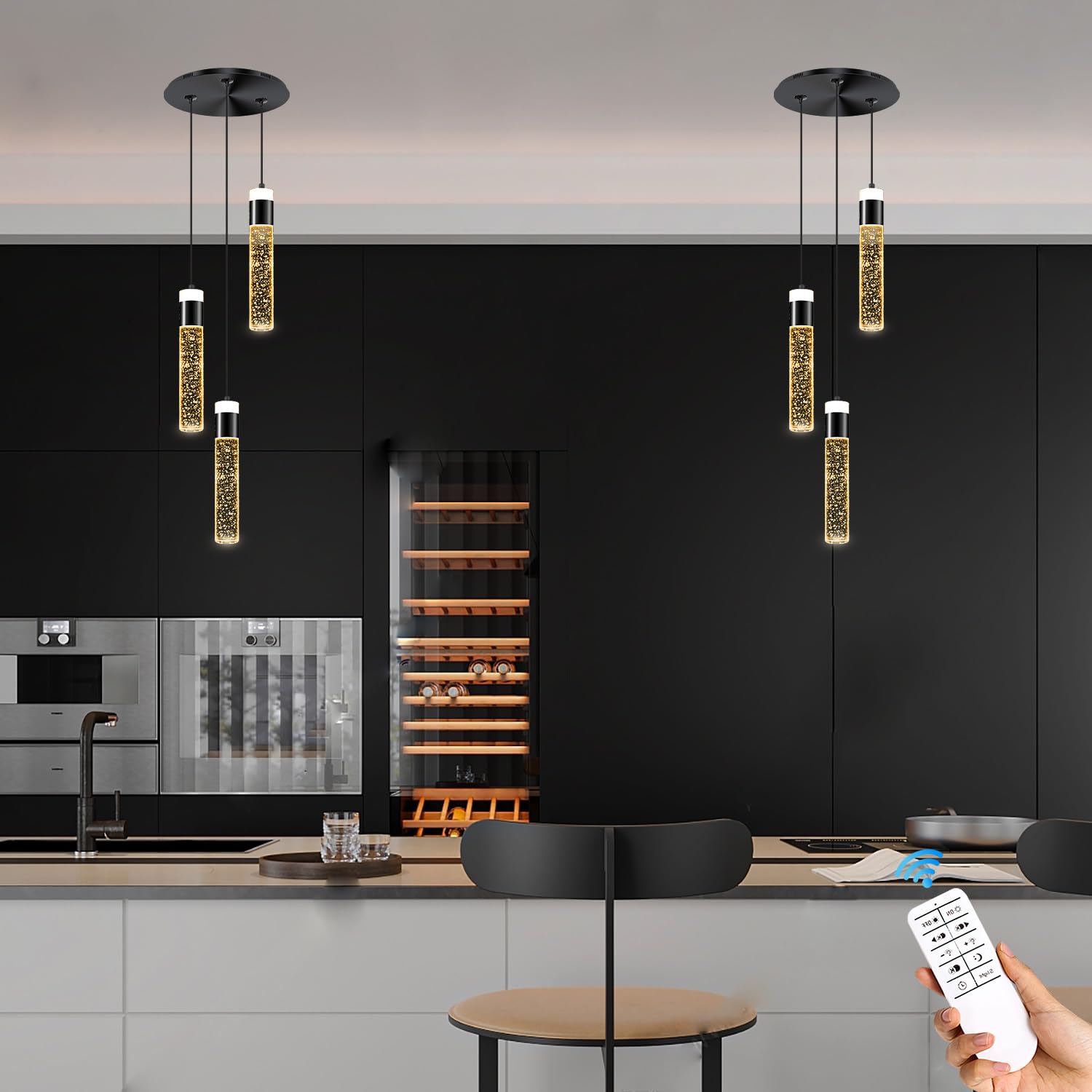 dimmable 3-light pendant lights kitchen island crystal hanging light modern black ceiling light for dinning room living room