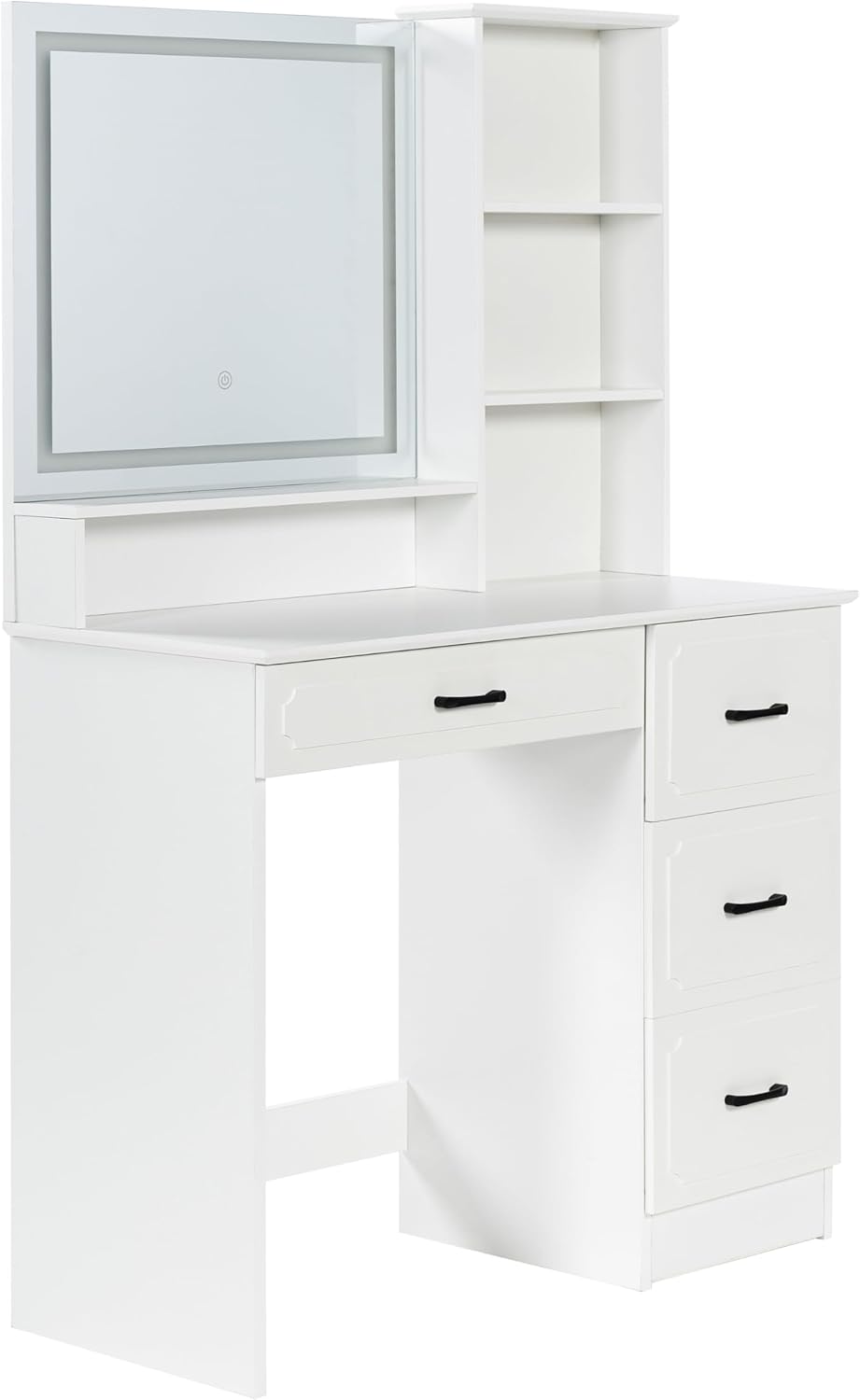 White Vanity Desk with Mirror and Lights, Small Vanity with LED Lighted Mirror & Storage Shelves, Elegant Compact Makeup Table for Bedroom