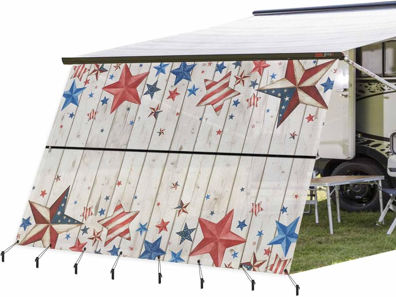 RV Awning Sun Shade Screen 9' x 15'3", 4th of July Mesh RV Awning Shades Complete Kits, Independence Day Star Vintage American Sunlight Blocker Outdoor Canopy for Camping Trailer Motorhome