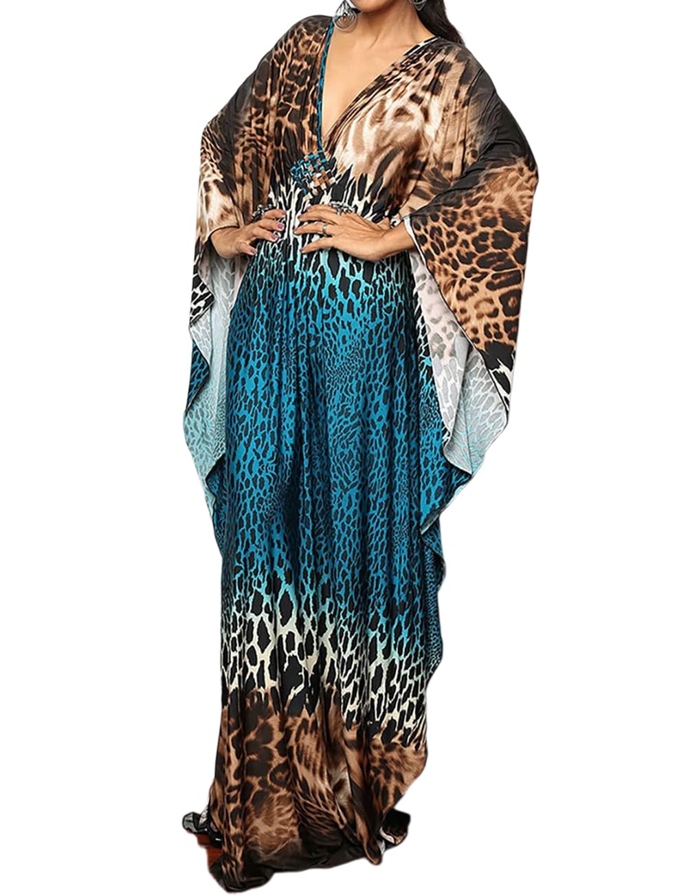 Bsubseach Women Ethnic Print Kaftan Beach Dress Plus Size Swimsuit Cover Up