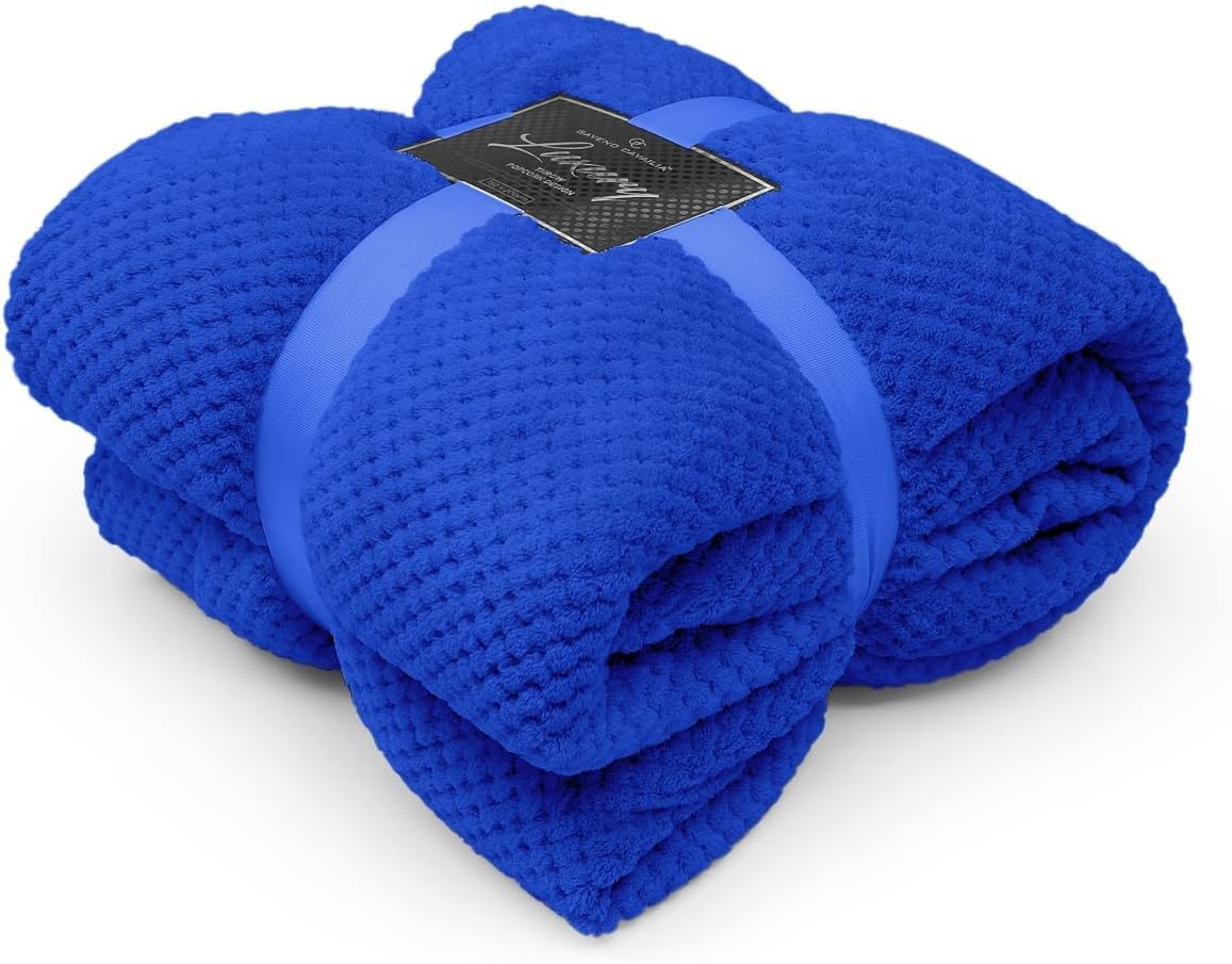 FAIRWAYUK Waffle Honeycomb Throw Fleece Blankets, 100% Polyester Warm Faux Fur Throws Over Sofa Bed Settee Soft Blanket, Extra Large (Electric Blue, King Size 200x240cm) โ image 1