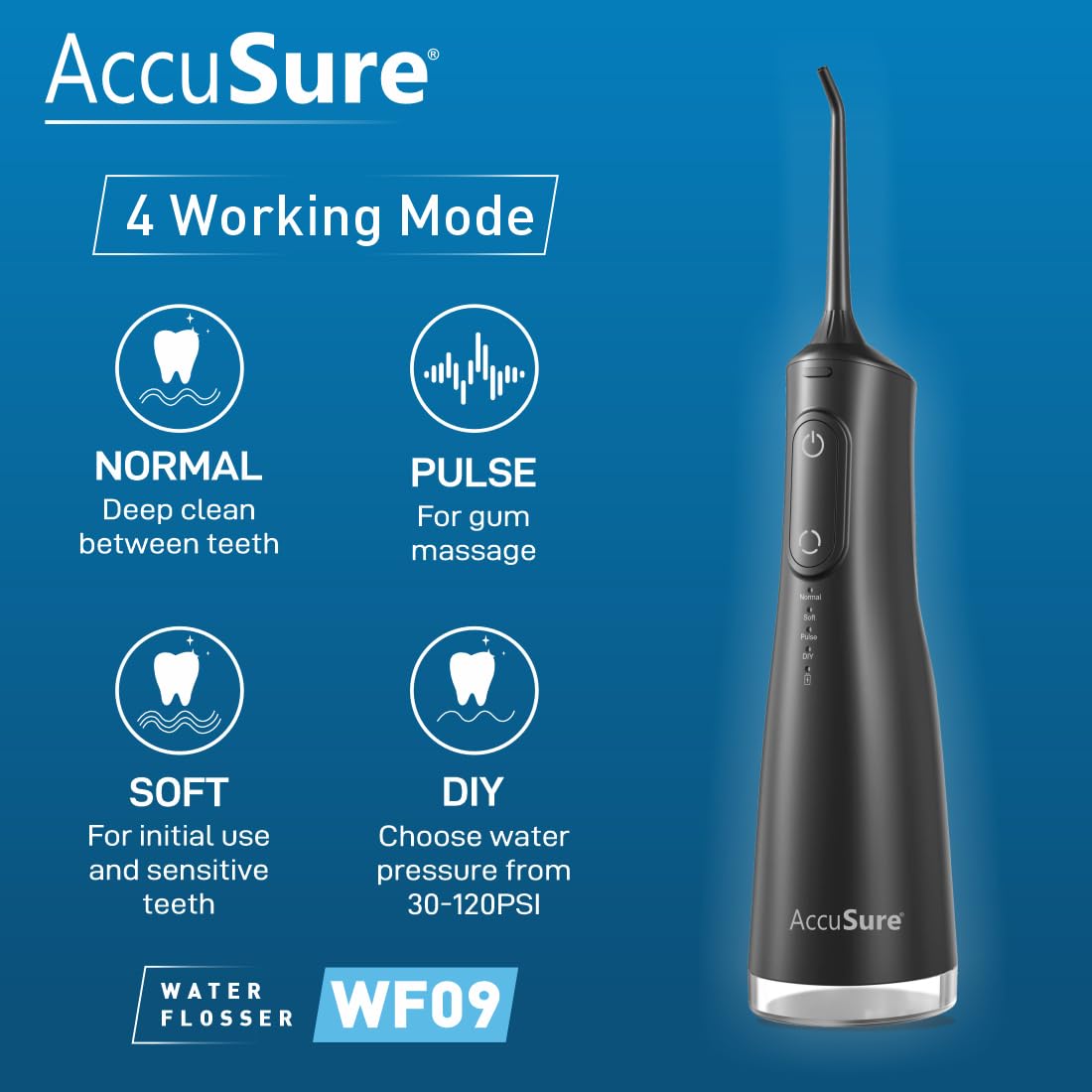 AccuSure WF09 Smart Water Flosser | 280ml Tank, Portable & Rechargeable, IPX7 Waterproof | 4 Modes with Adjustable Water Pressure | Oral Flossing for Home & Travel | 1-Year Warranty (Black) 1