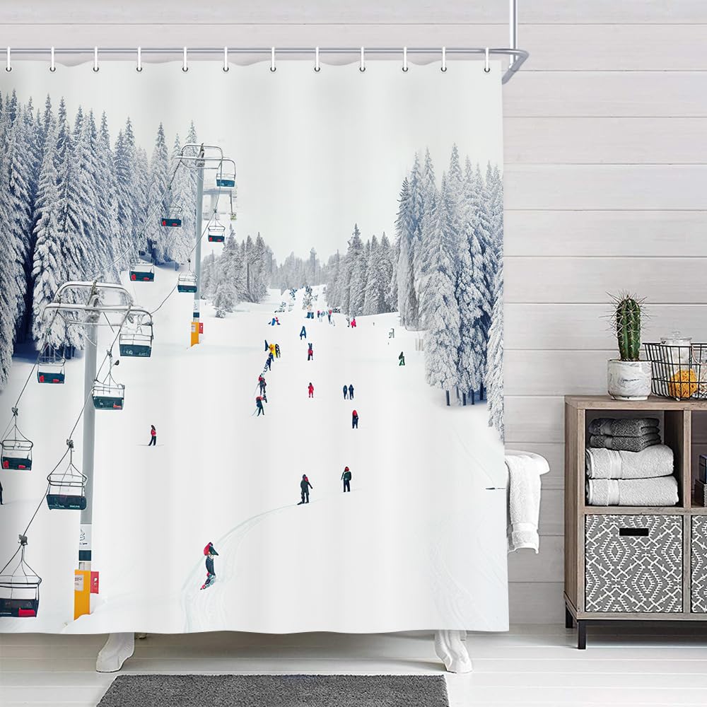 NYMB Christmas Sport Shower Curtain, Winter Holiday Travel Snow Mountain Skiing Cable Car, Polyester Fabric Bath Curtain, Snow Forest Bathroom Shower