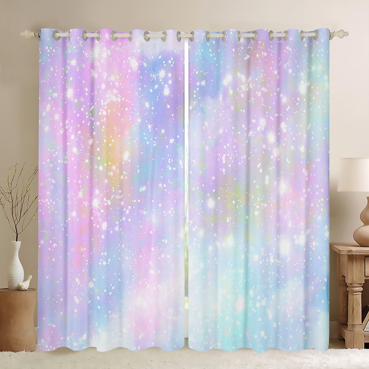 Feelyou Girls Glitter Darkening Dreapes Kawaii Galaxy Pastel Kids Curtains for Bedroom Rainbow Comter 30%-50% Blackout Curtains Colorful Glitter Outer