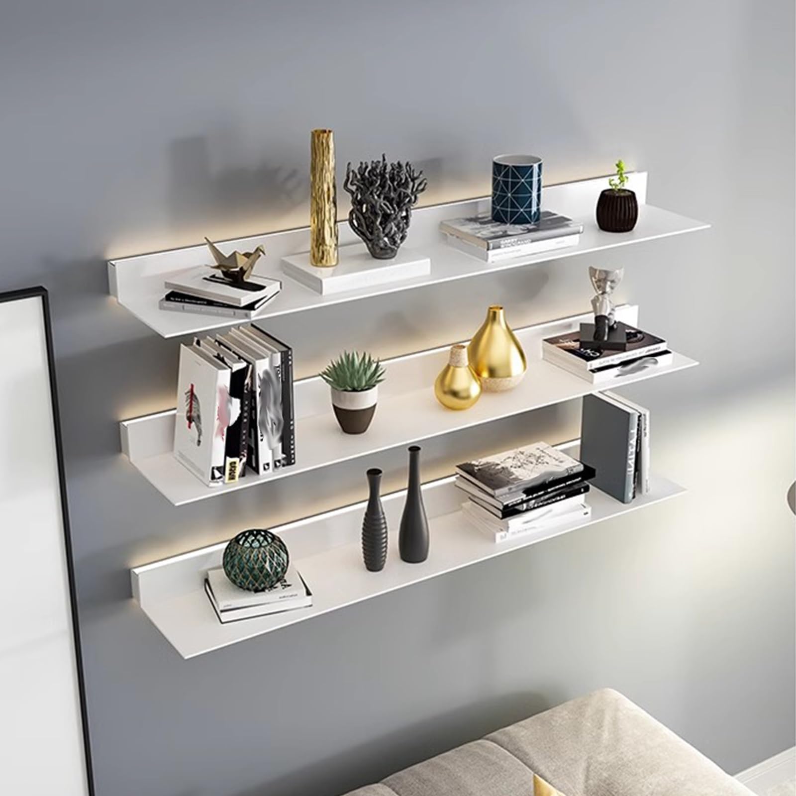 Mensole galleggianti da parete con ripiano illuminato, per soggiorno e camera da letto, in metallo, da parete, con lavagna per testo (bianco, 120 x 20 cm)