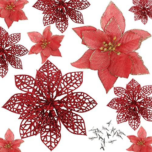 24 Pieces Christmas Glitter Poinsettia with Clips Christmas Poinsettia Decorations Artificial Poinsettia Flowers Ornament Christmas Flowers for New Year Wedding Home Decoration 5.9inch/15cm Red