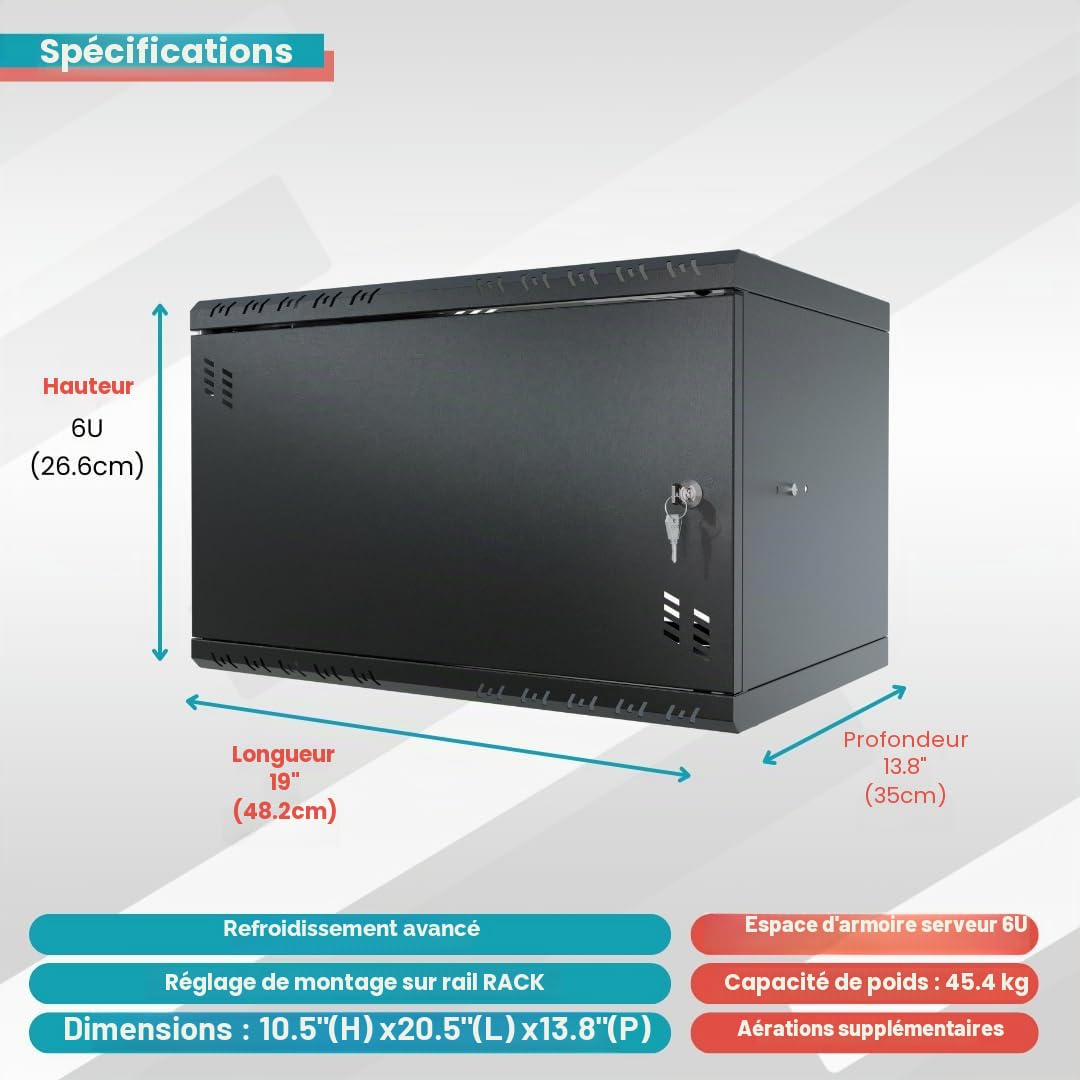 Armoire Réseau 19 Pouces - Baie Informatique 6U - Baie de Brassage pour Montage Mural - Capacité de Charge 40 kg - Profondeur 350 mm - Armoire Informatique - Noir
