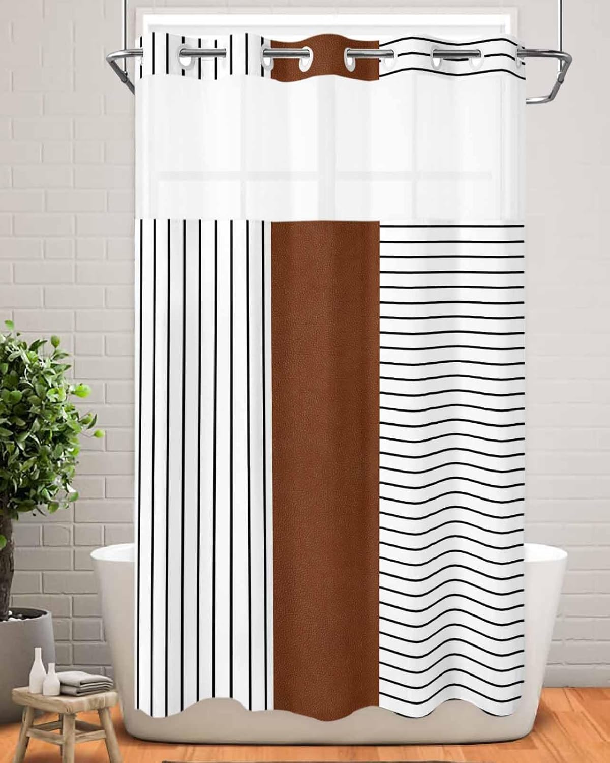 Striped Shower Curtain with Snap in Liner Boho Brown Leather Texture Tribal Farmhouse Style No Hook Waterproof Inner Liner Shower Curtain for Bathroom See Through Top Window Bath Curtain 54"x78"