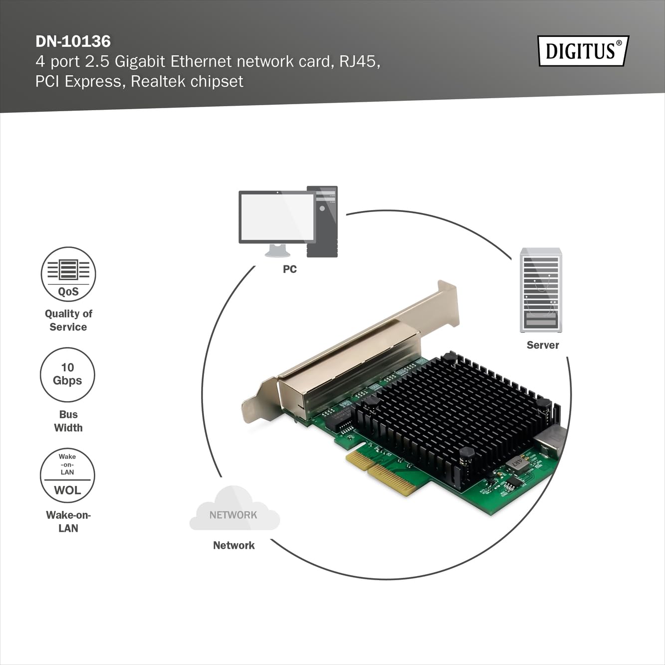 Digitus Scheda di Rete Server Ethernet 2,5 Gigabit - 4 Porte RJ45 - NIC - RTL8125B - 10/100/1000/2500 Mbps