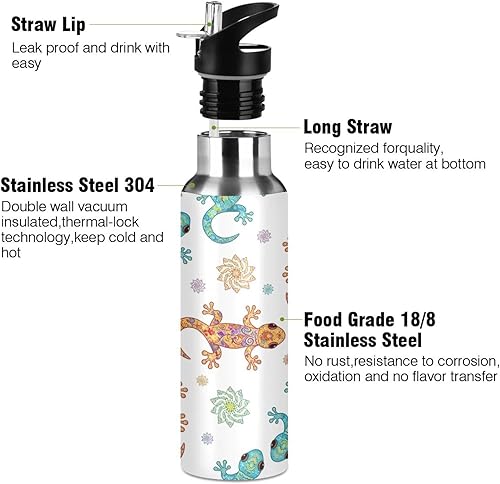 Miniatura 3 de Insulated Stainless Steel Water Bottle with Straw 20 Oz, BPA-Free Sports Water Bottle for Gym Outdoor Travel School, Funny Geckos Print
