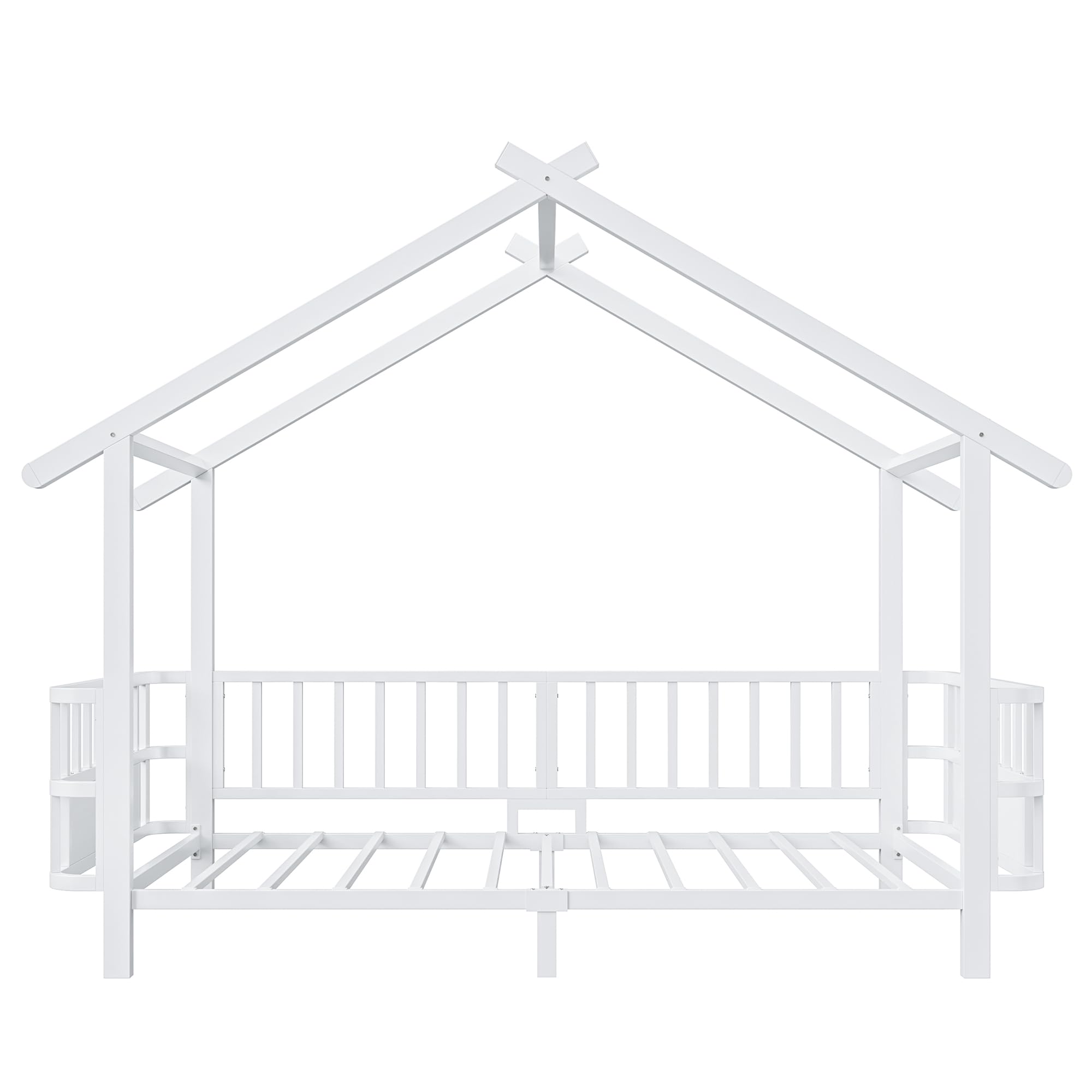 Merax Kinderbett aus Metall in Hausform 90x200 cm mit Sicherheitsgitter & Dachdesign – Weiß (Ohne Matratze)
