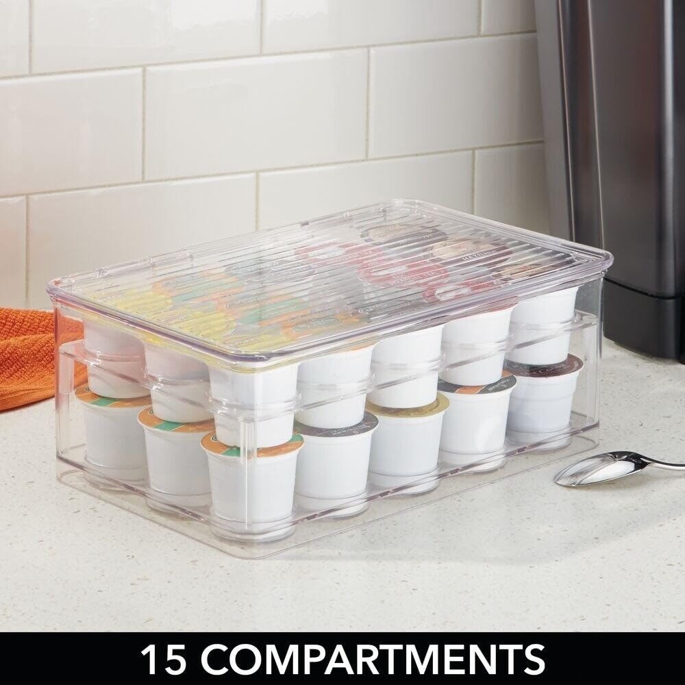 Organizador de almacenamiento dividido apilable de plástico con tapa para bolsas de té y cápsulas de café en armario de cocina, encimera, colección Ligne, incluye 1 organizador de té y 1 5