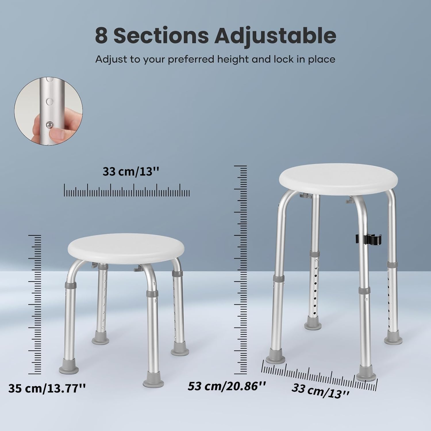 Duschhocker, Höhenverstellbar Badhocker 34-52 cm, Duschstuhl aus Aluminium mit Rutschfesten Gummispitzen für Senioren, Schwangere, Behinderte, Duschhilfe, Duschsitz (Weiß/Grau Badehocker)